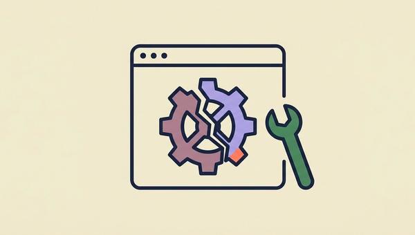 Browser window with a cracked gear and a wrench, illustrating enterprise automation breaking
