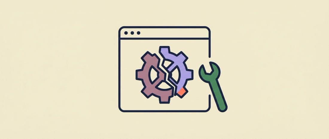 Browser window with a cracked gear and a wrench, illustrating enterprise automation breaking