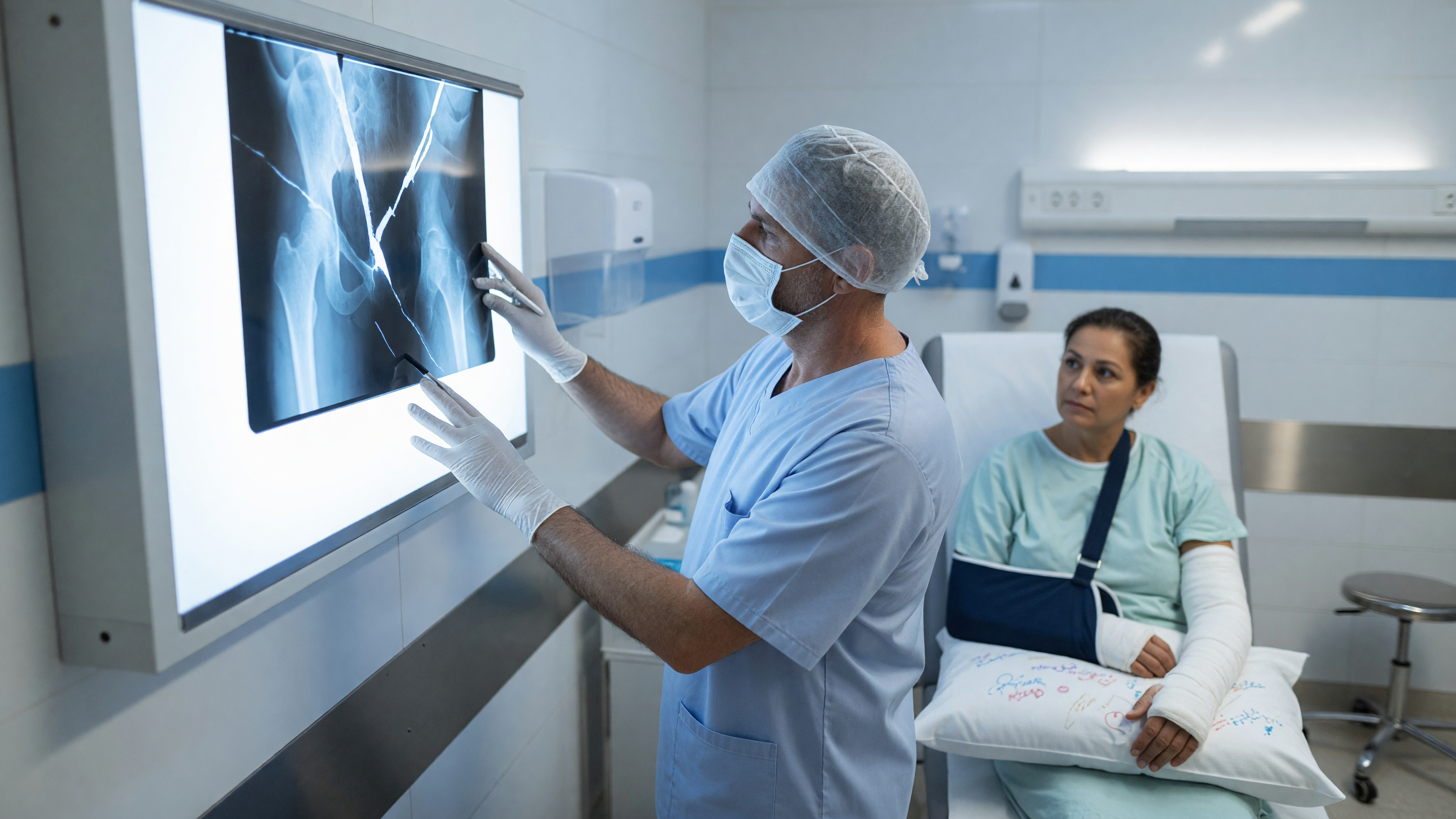Doctor examining an X-ray showing bone fracture symptoms in a patient's arm