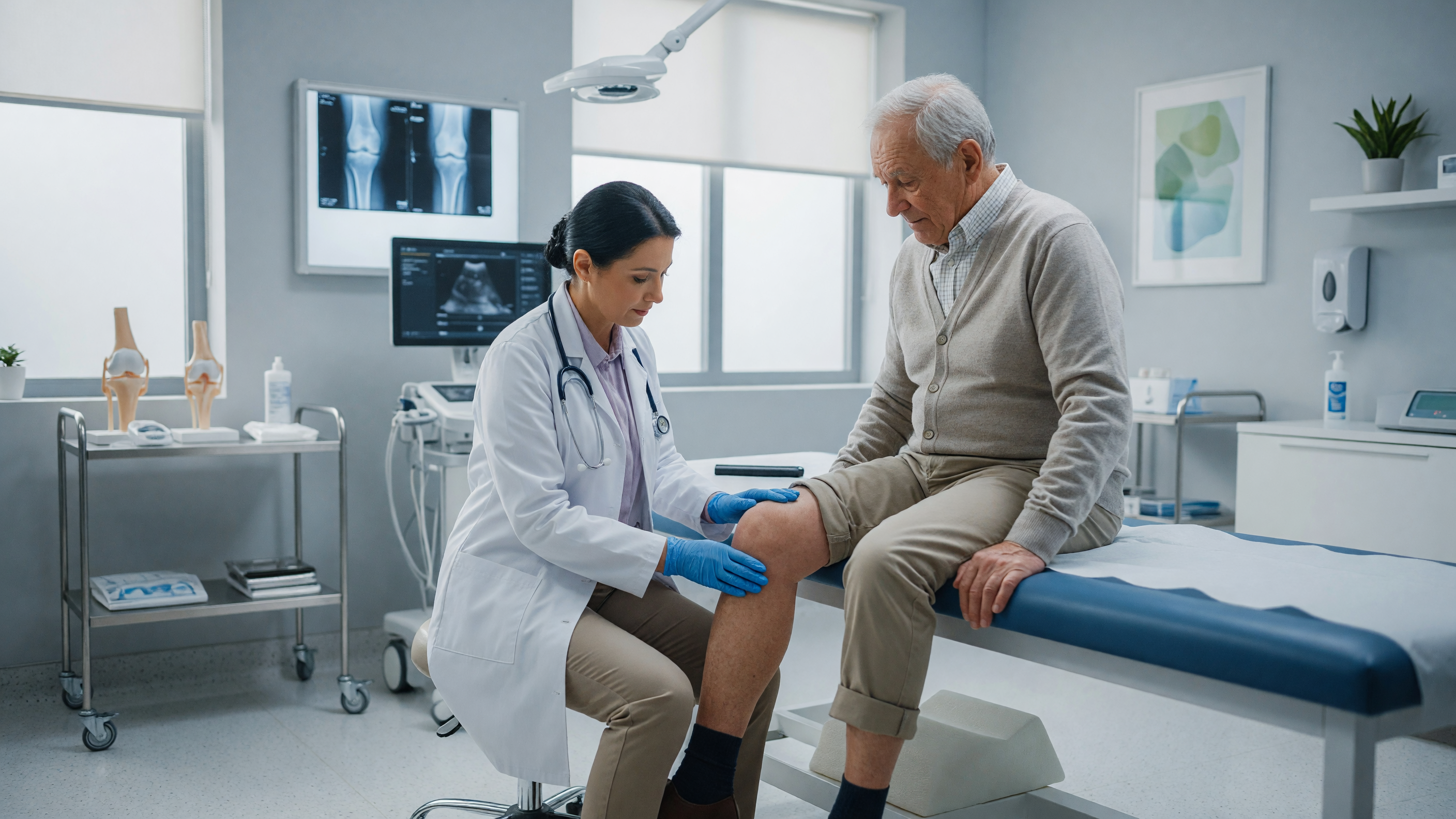 Doctor examining a patient's knee showing how diabetes and joint pain are connected