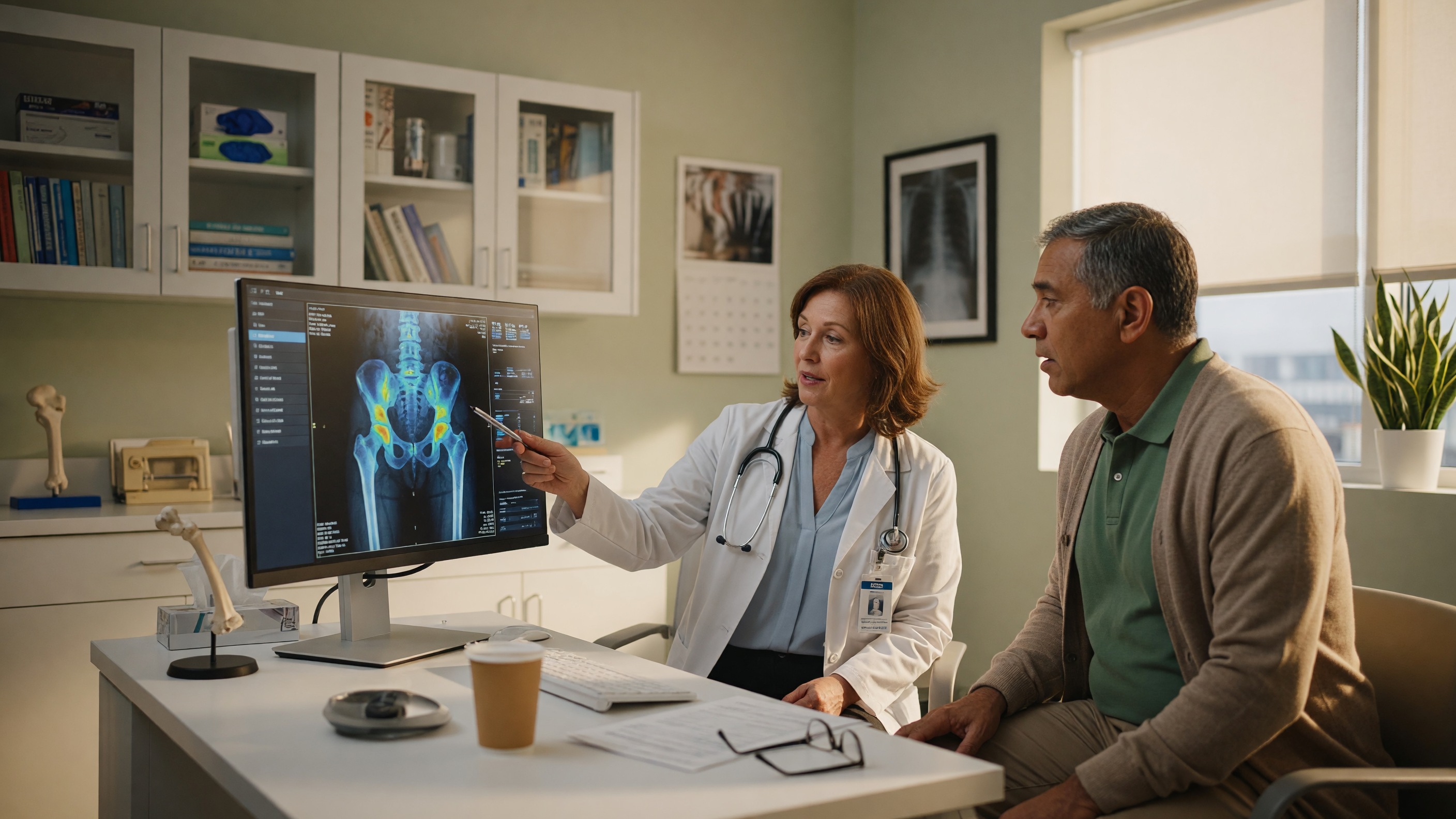 Doctor reviewing a bone density scan to explain bone health after 40 to a patient