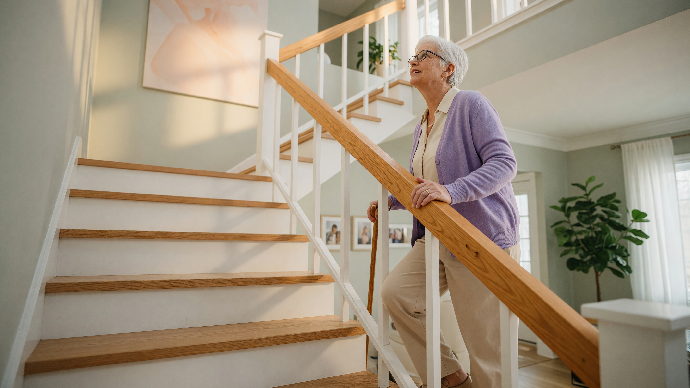 Older adult holding the railing while climbing stairs, showing why stairs feel harder as you age