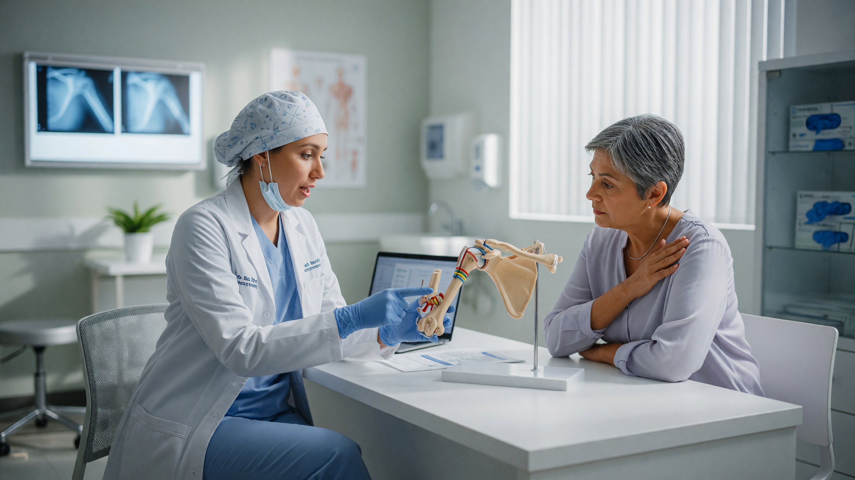 Orthopaedic surgeon explaining when is shoulder replacement needed using a shoulder joint model