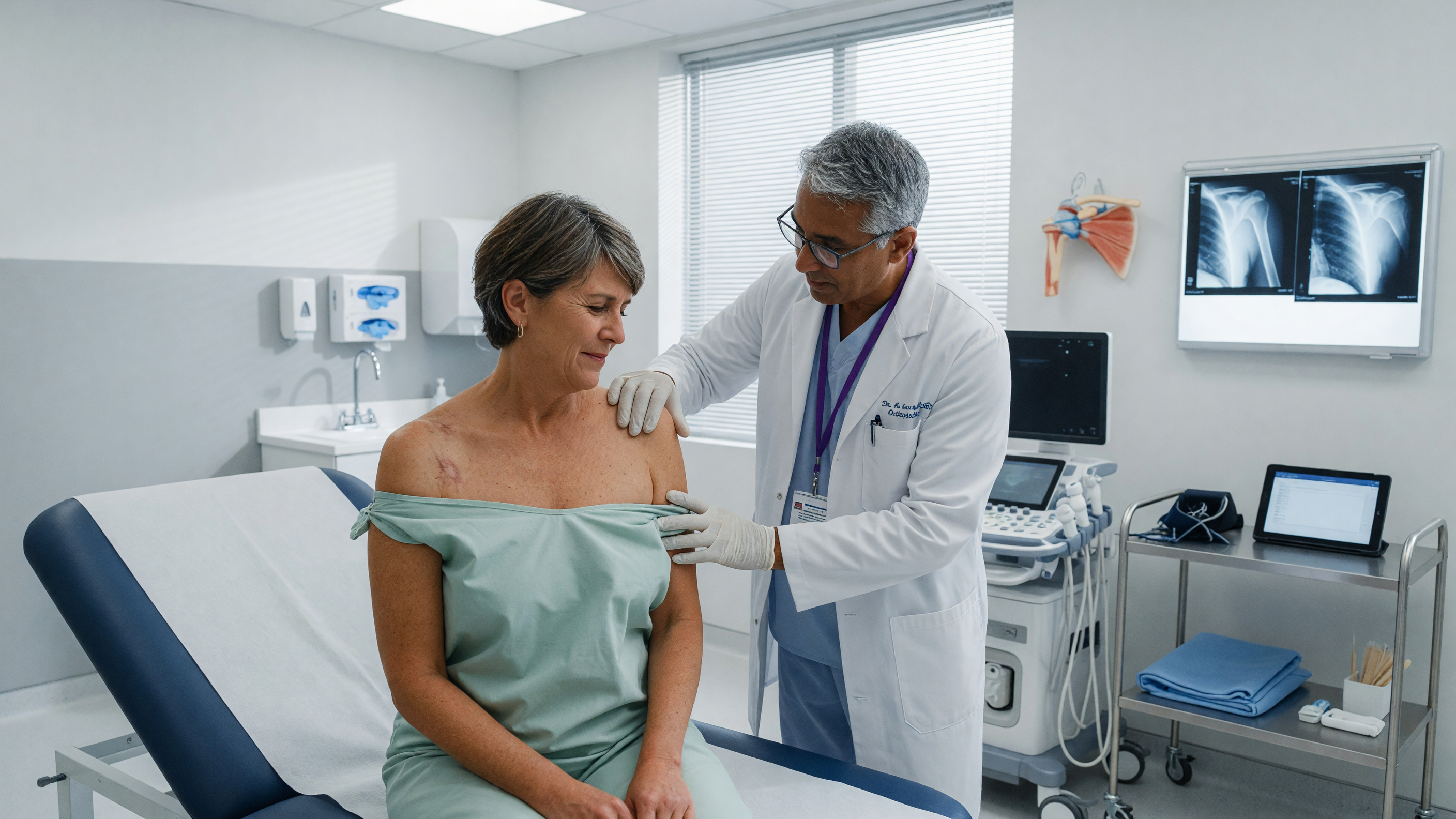 Doctor examining a patient's shoulder to assess rotator cuff tear symptoms