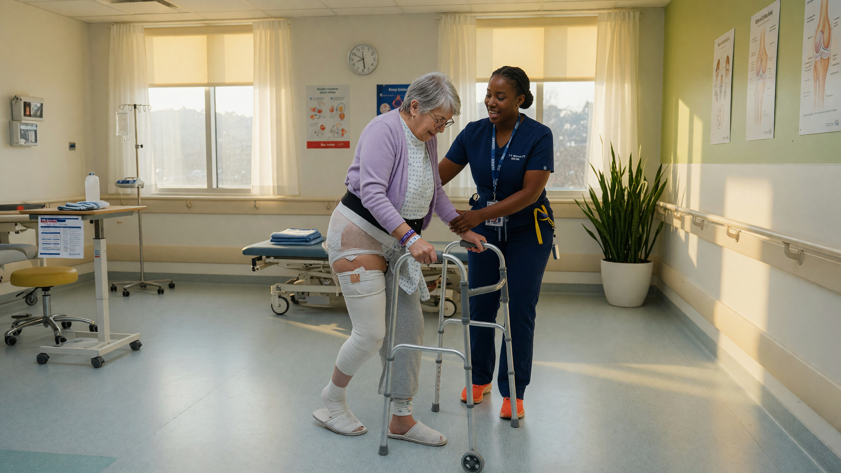 Patient during hip replacement recovery doing physical therapy with a walker