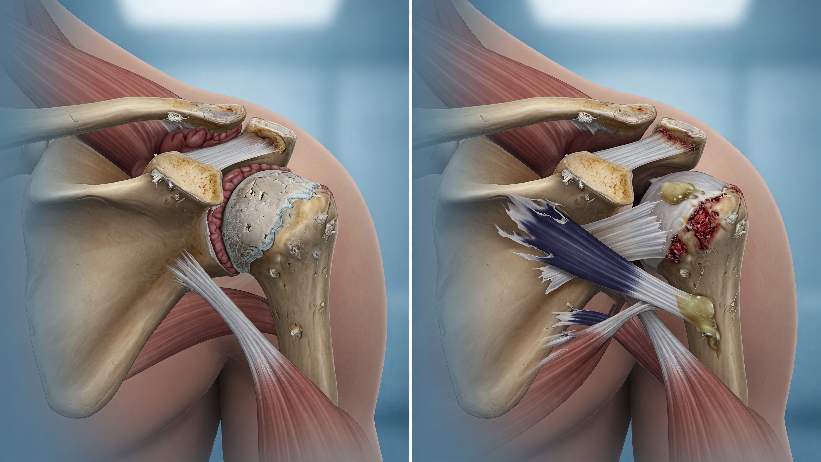 Illustration comparing shoulder arthritis vs rotator cuff tear anatomy in the shoulder joint