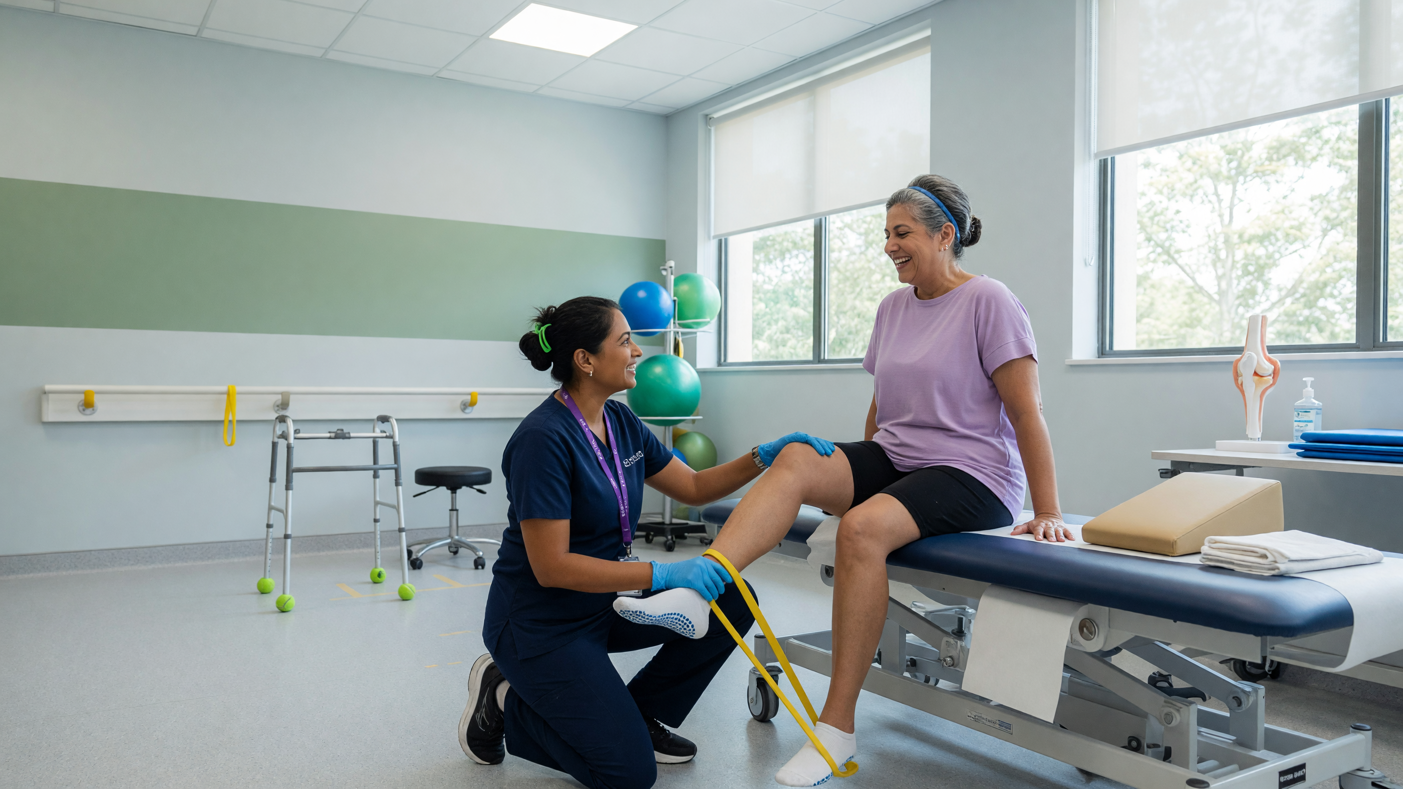 Physiotherapist guiding a patient through knee replacement recovery exercises in a hospital