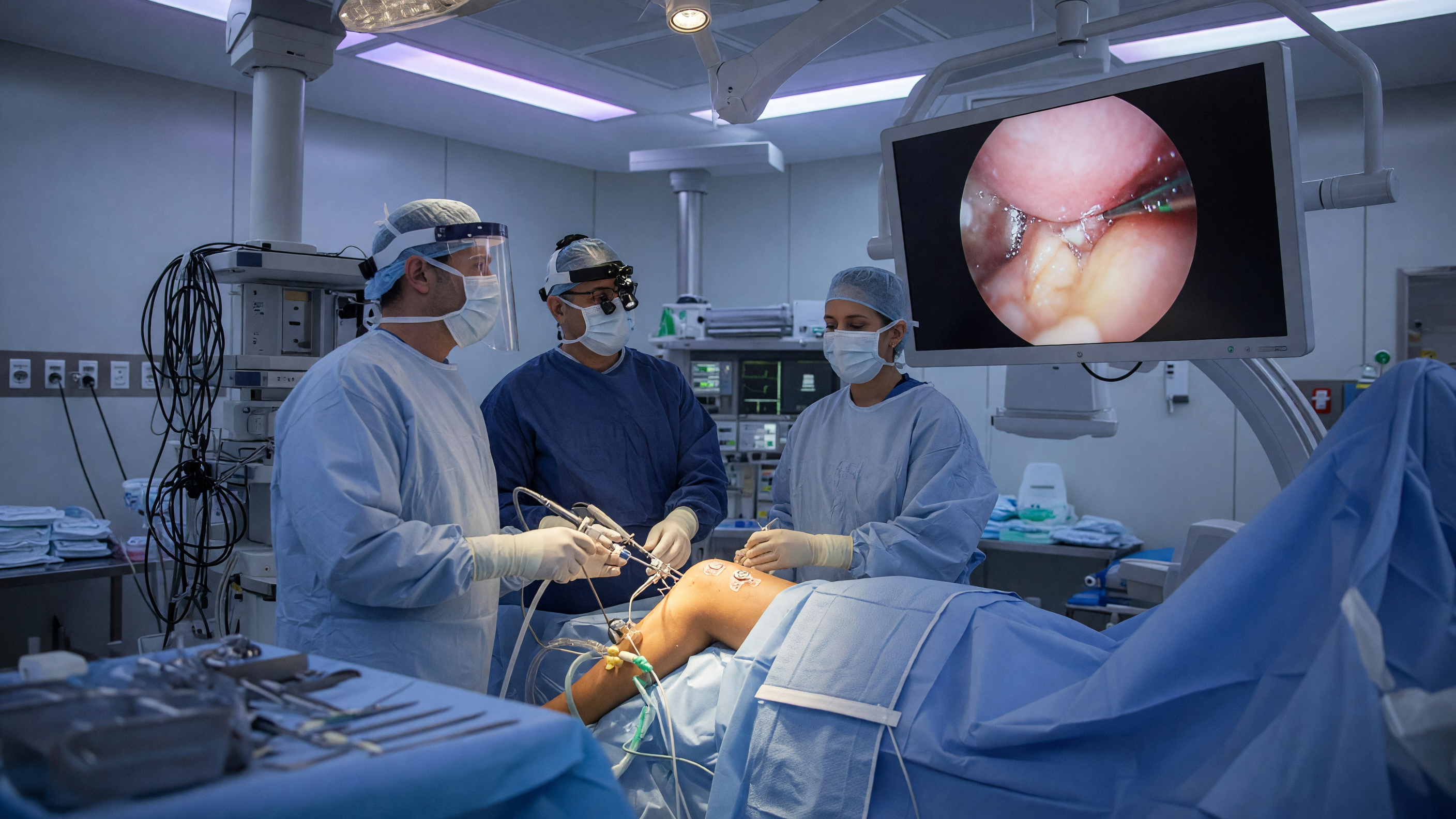 Orthopaedic surgeon performing knee arthroscopy surgery using an arthroscope and monitor in a modern operating theatre