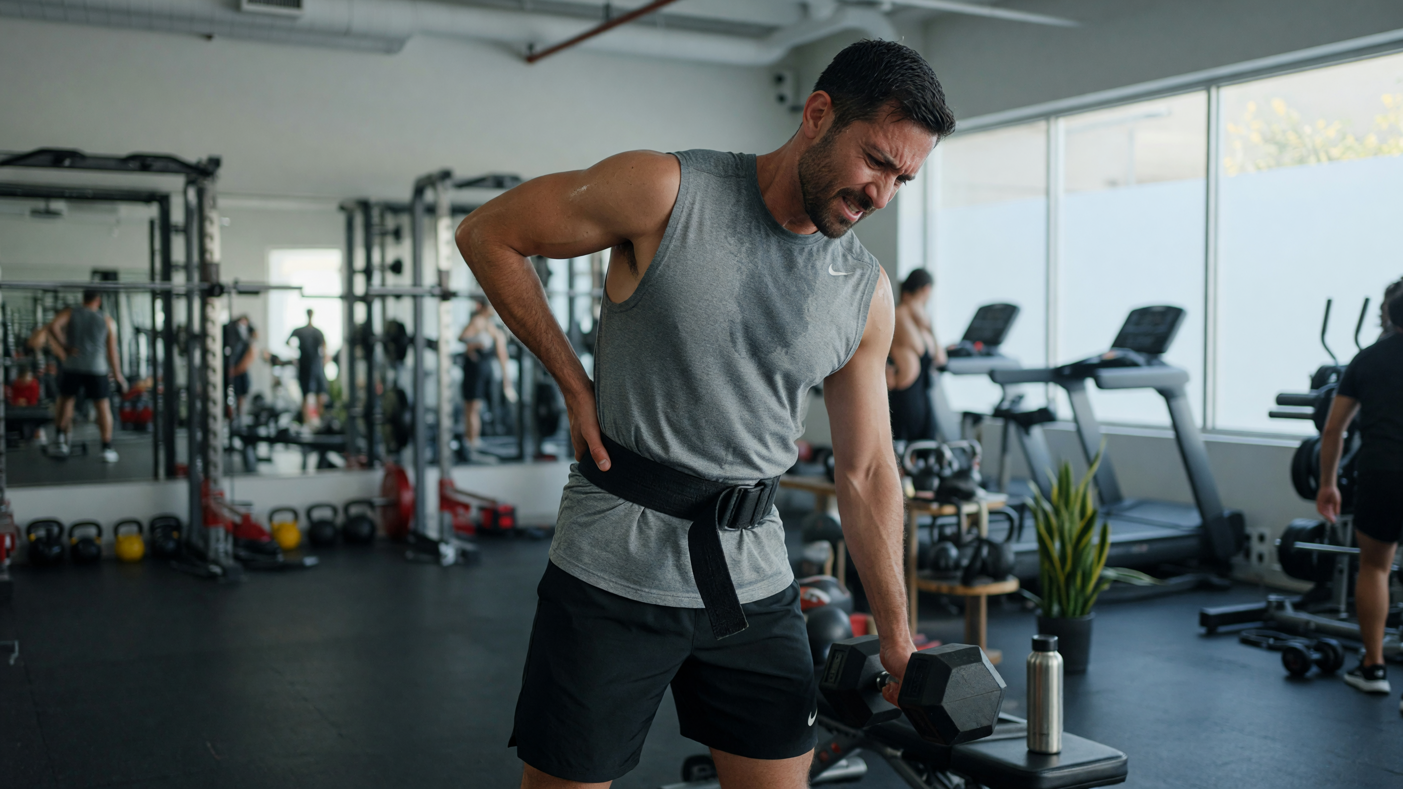 Weightlifter holding lower back in pain, illustrating back pain after lifting weights