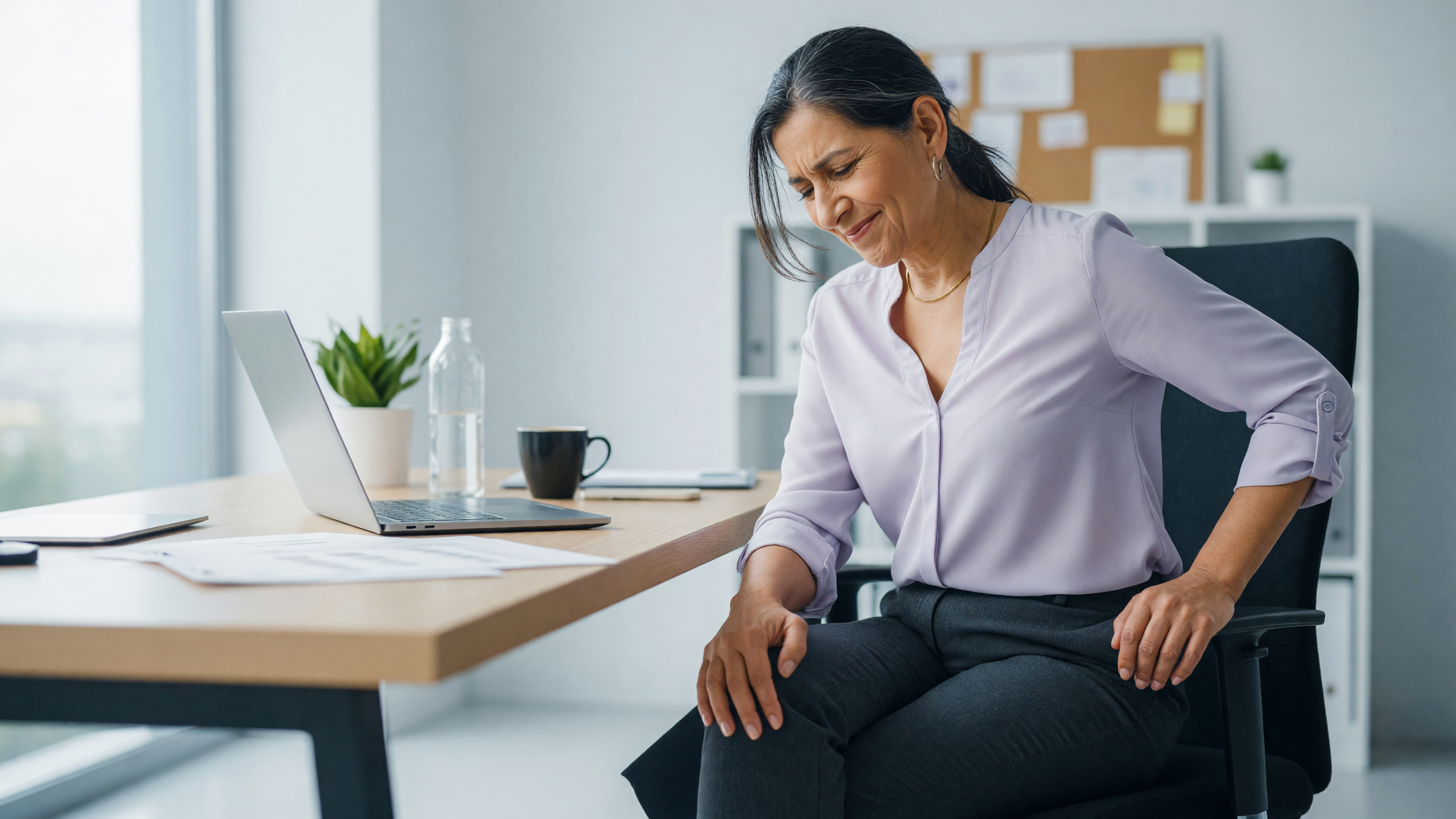 Person with knee pain after sitting for long hours holding a stiff aching knee