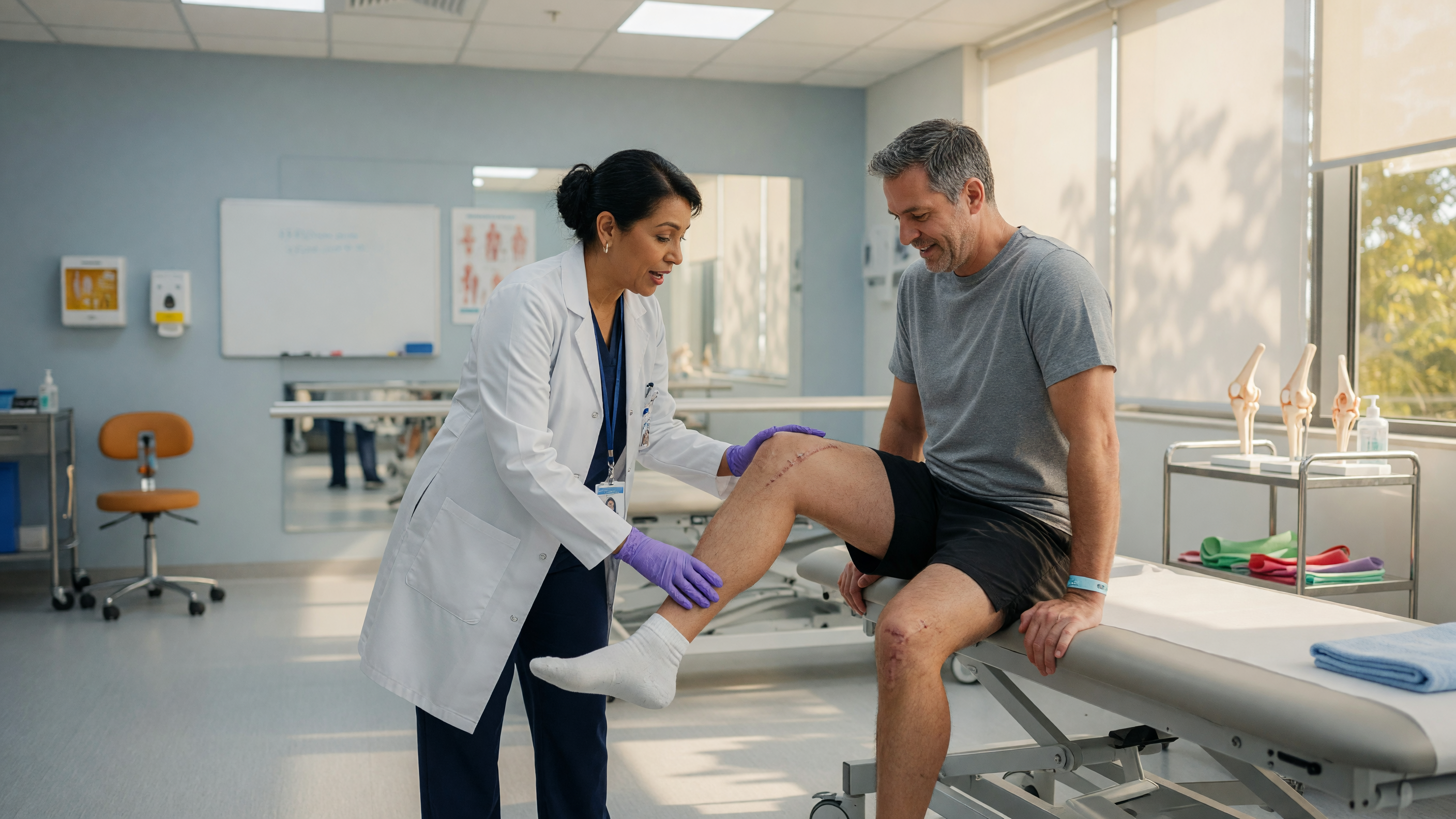 Physiotherapist guiding a patient through gentle exercises as part of joint pain treatment