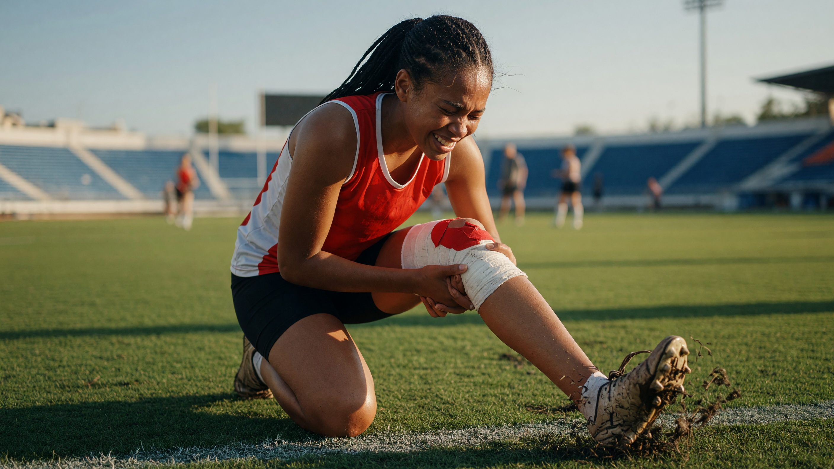 Athlete gripping knee after an ACL tear during a sports injury on the field