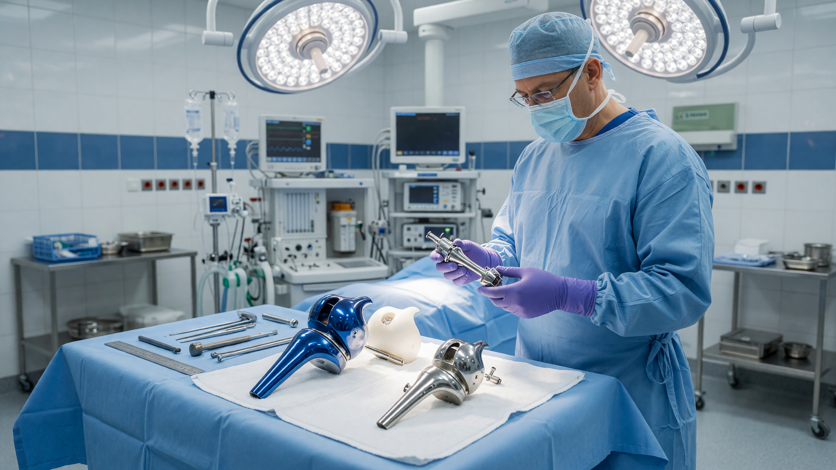 Orthopaedic surgeon comparing total vs partial knee replacement implants on a knee model