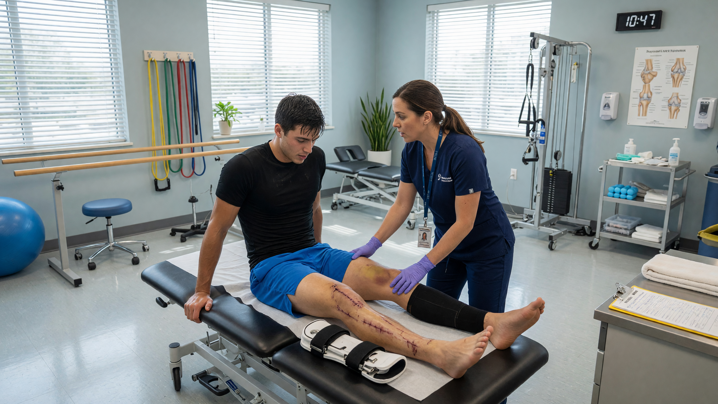 Physiotherapist guiding a patient through ACL reconstruction recovery exercises on the knee