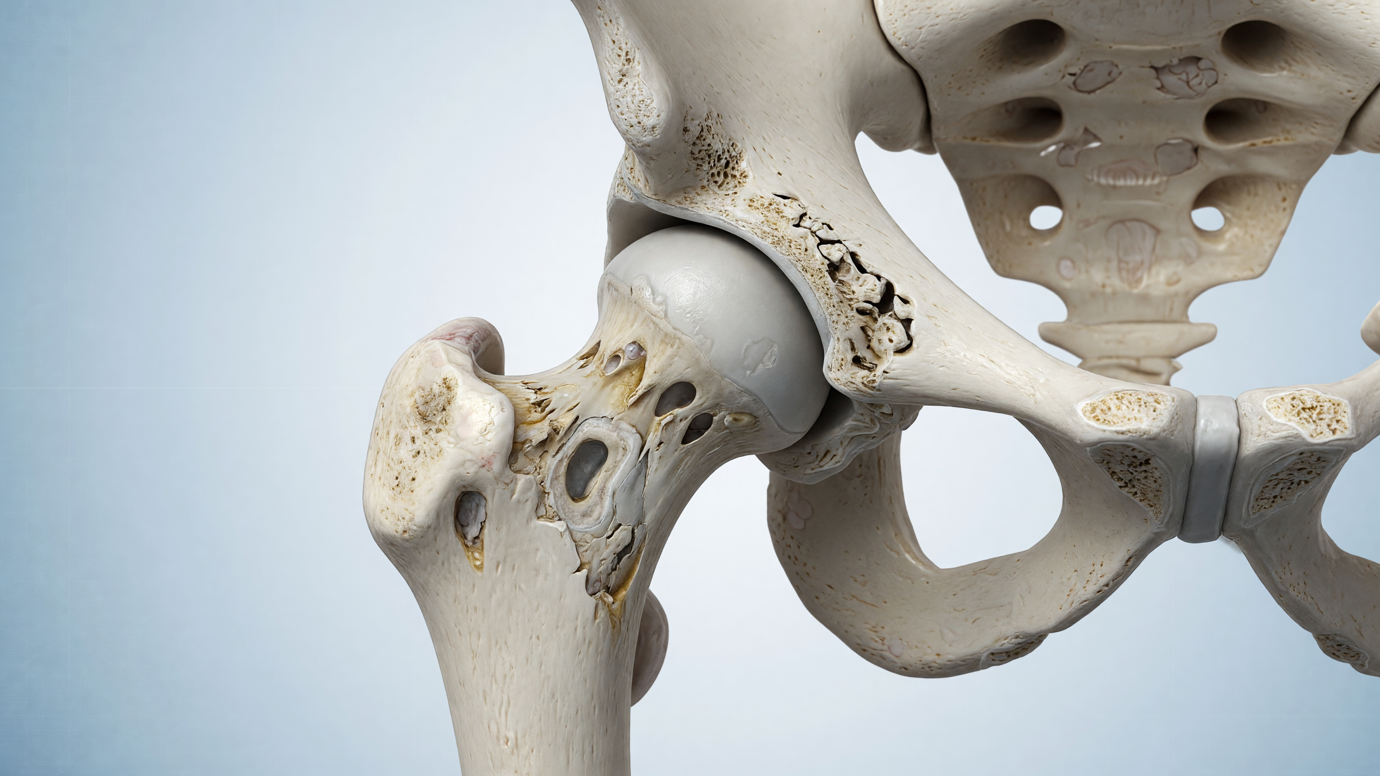 Illustration showing hip arthritis causes with worn cartilage in the hip joint