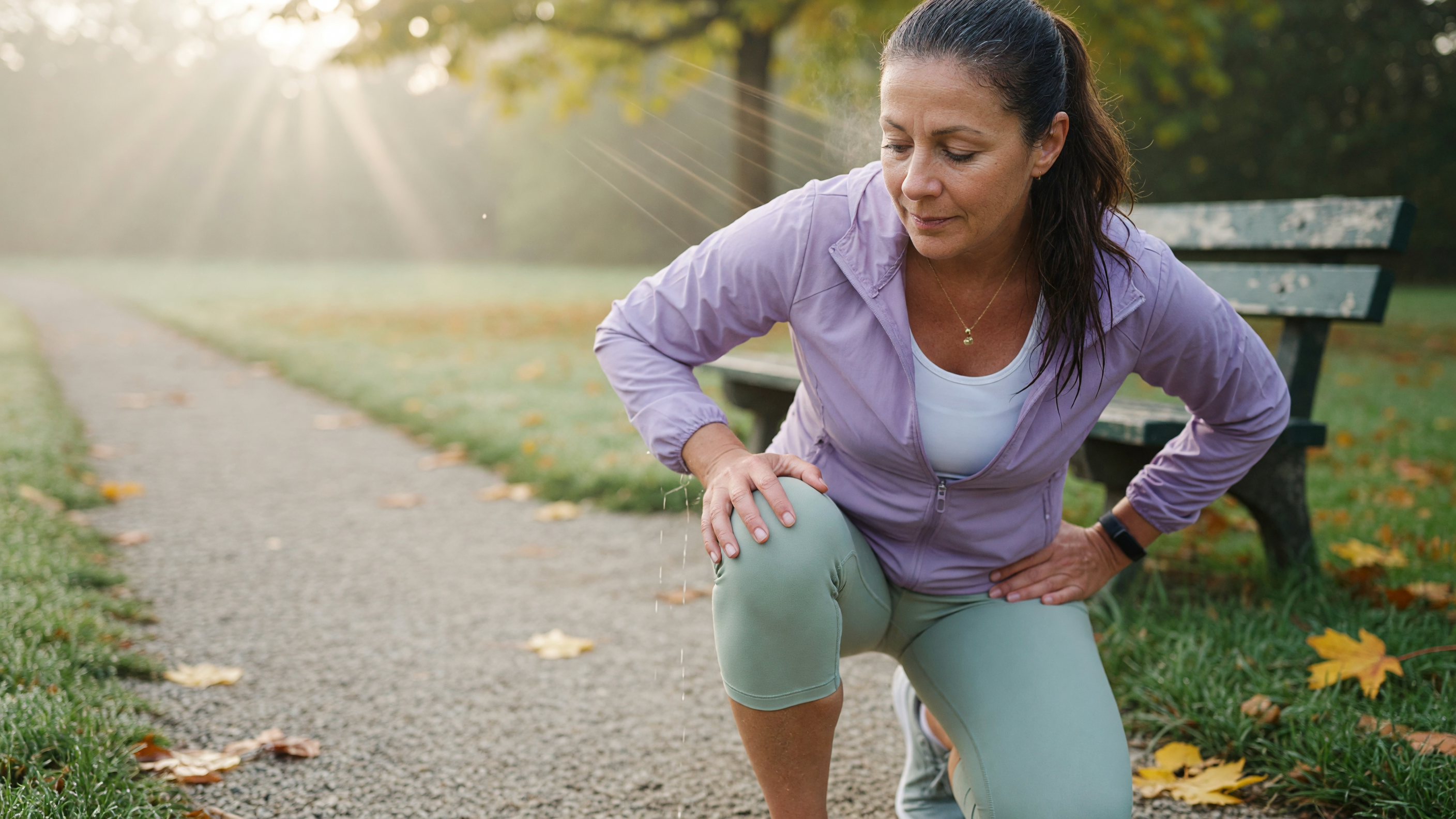 Person experiencing walking and knee pain gripping their knee joint outdoors