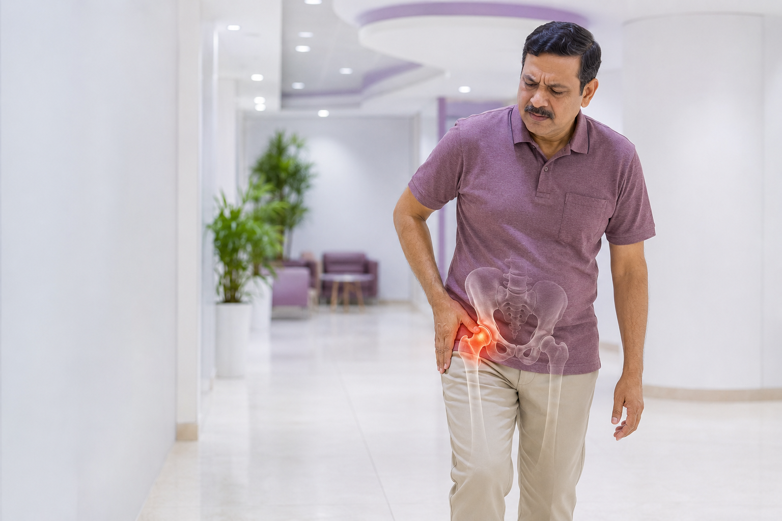 Person experiencing groin pain while walking, indicating a possible hip joint problem