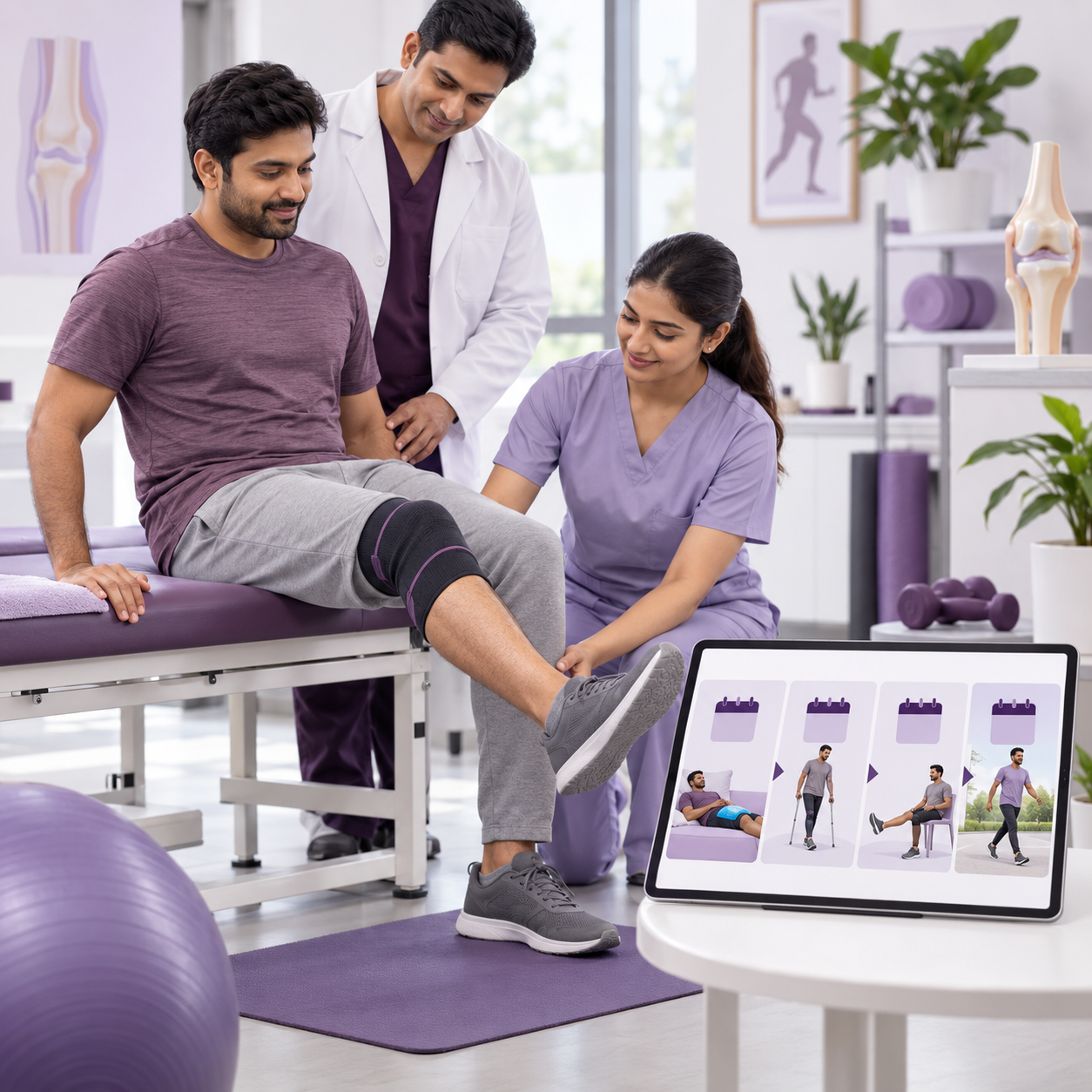 Physiotherapist guiding a patient through meniscus surgery recovery exercises on the knee