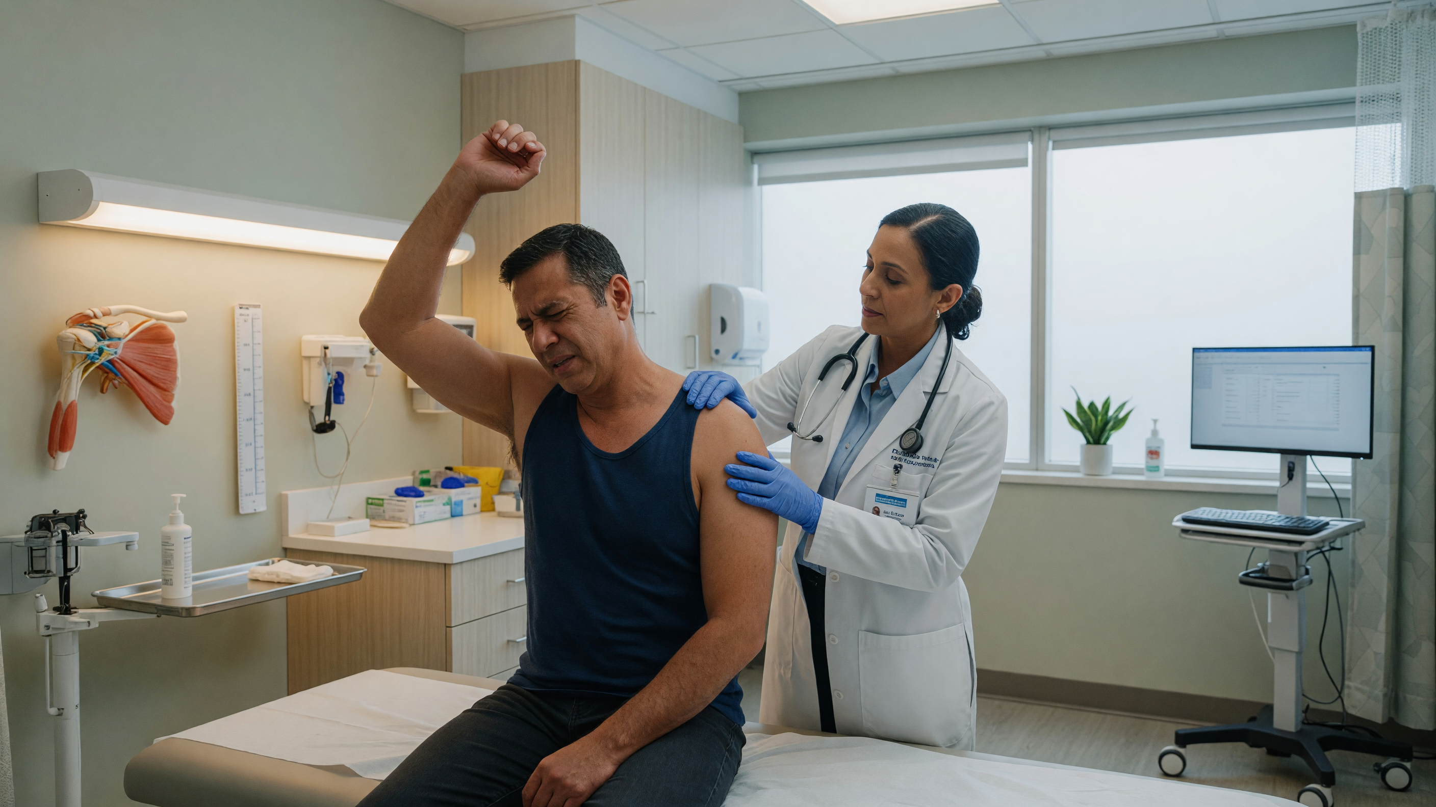 Man experiencing shoulder pain raising arm during an orthopaedic examination