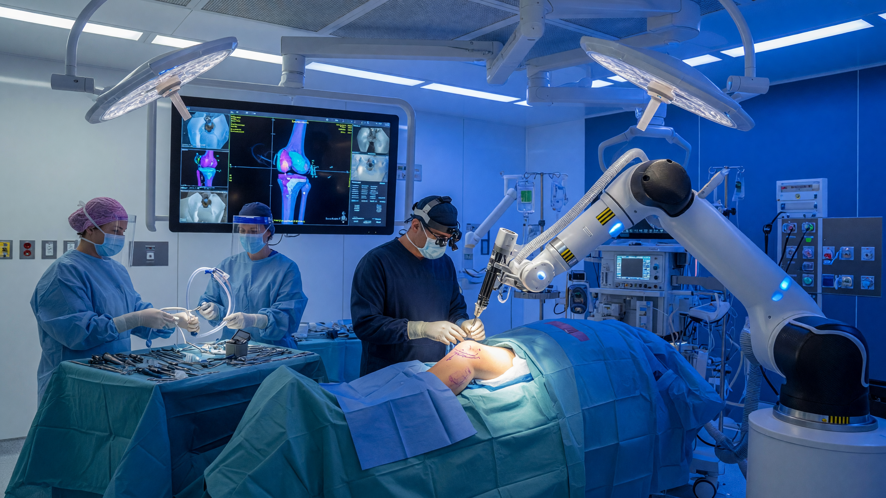 Surgeon performing robotic knee replacement using a computer-guided robotic arm in a modern operating theatre