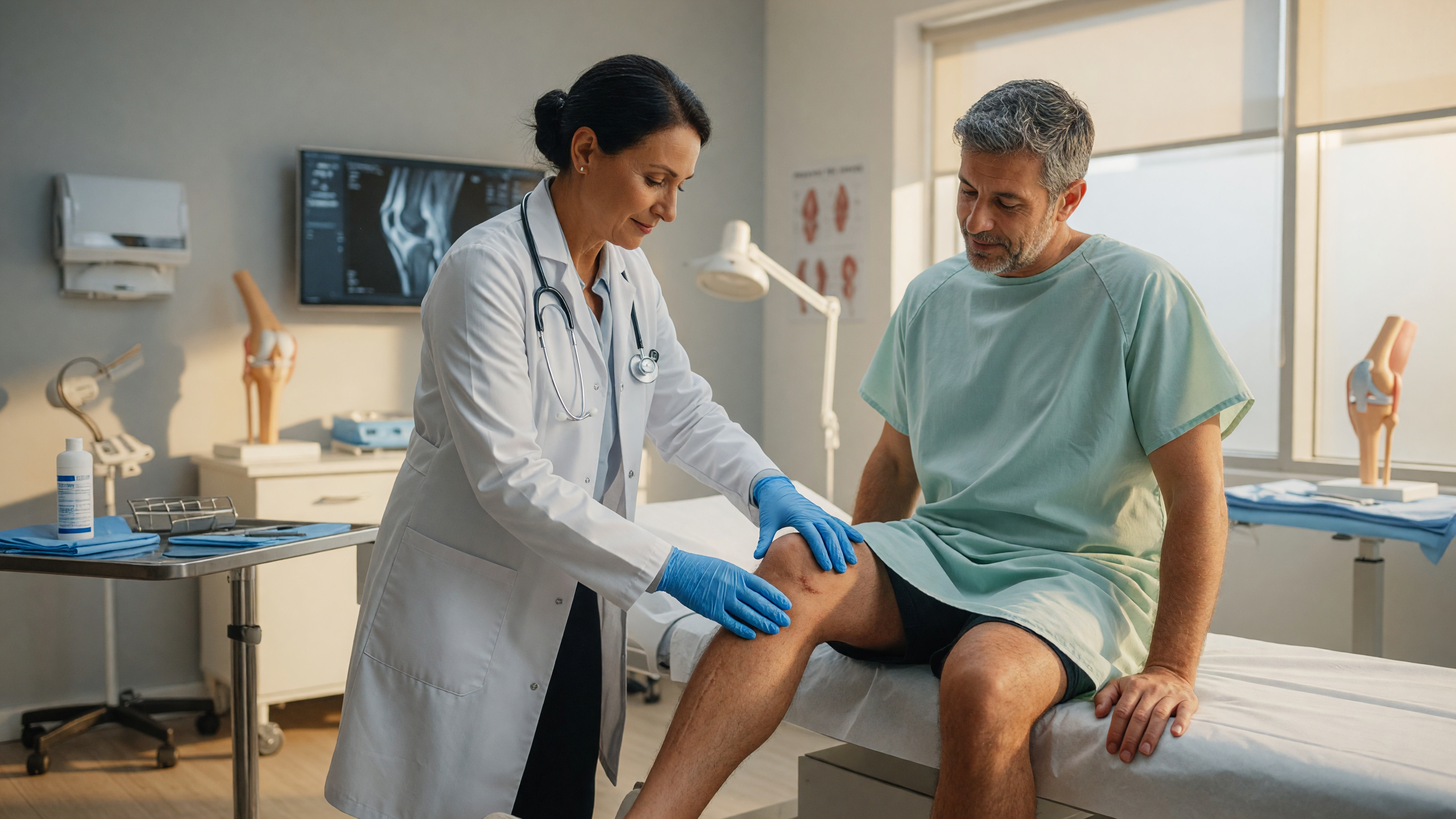 Doctor examining a patient's knee for persistent joint pain at an orthopaedic clinic