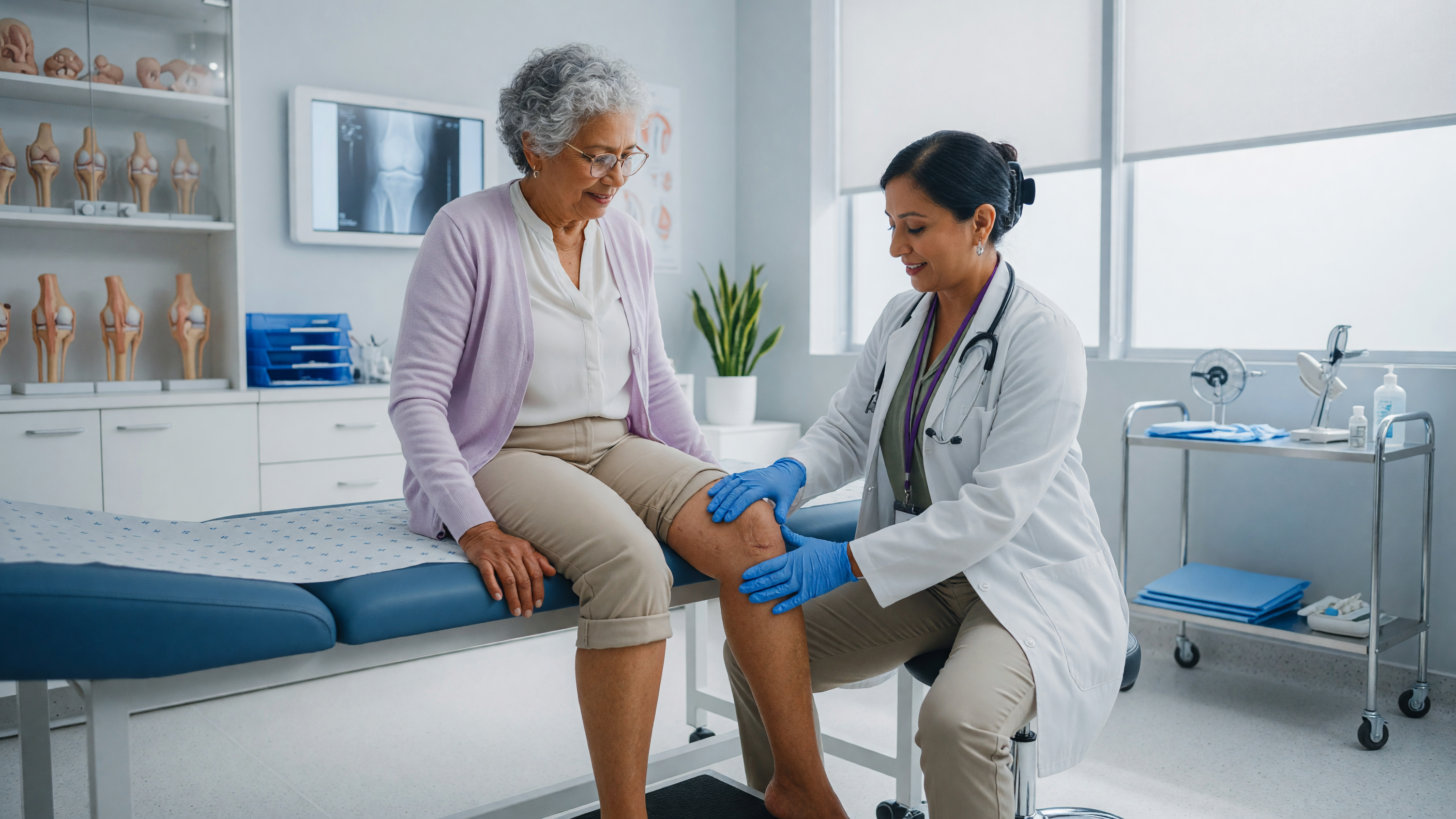 Doctor examining a patient's knee showing early knee osteoarthritis symptoms