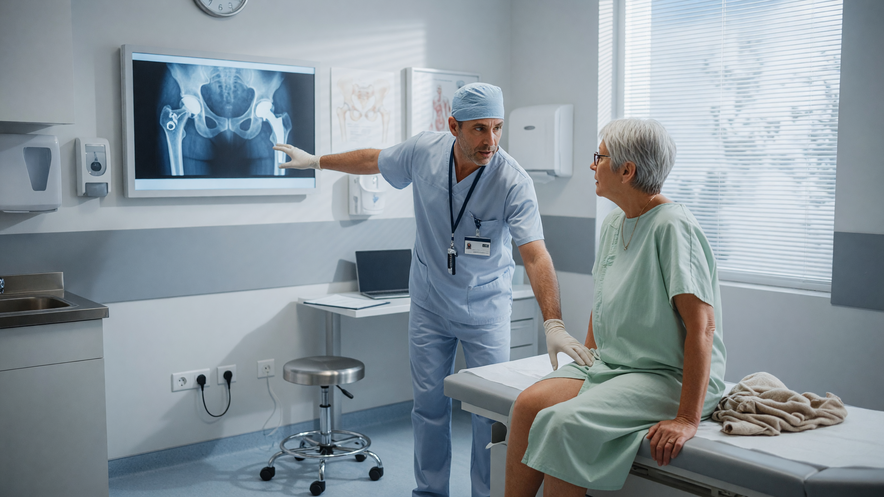 Doctor examining a patient's hip while explaining hip arthritis symptoms on an X-ray