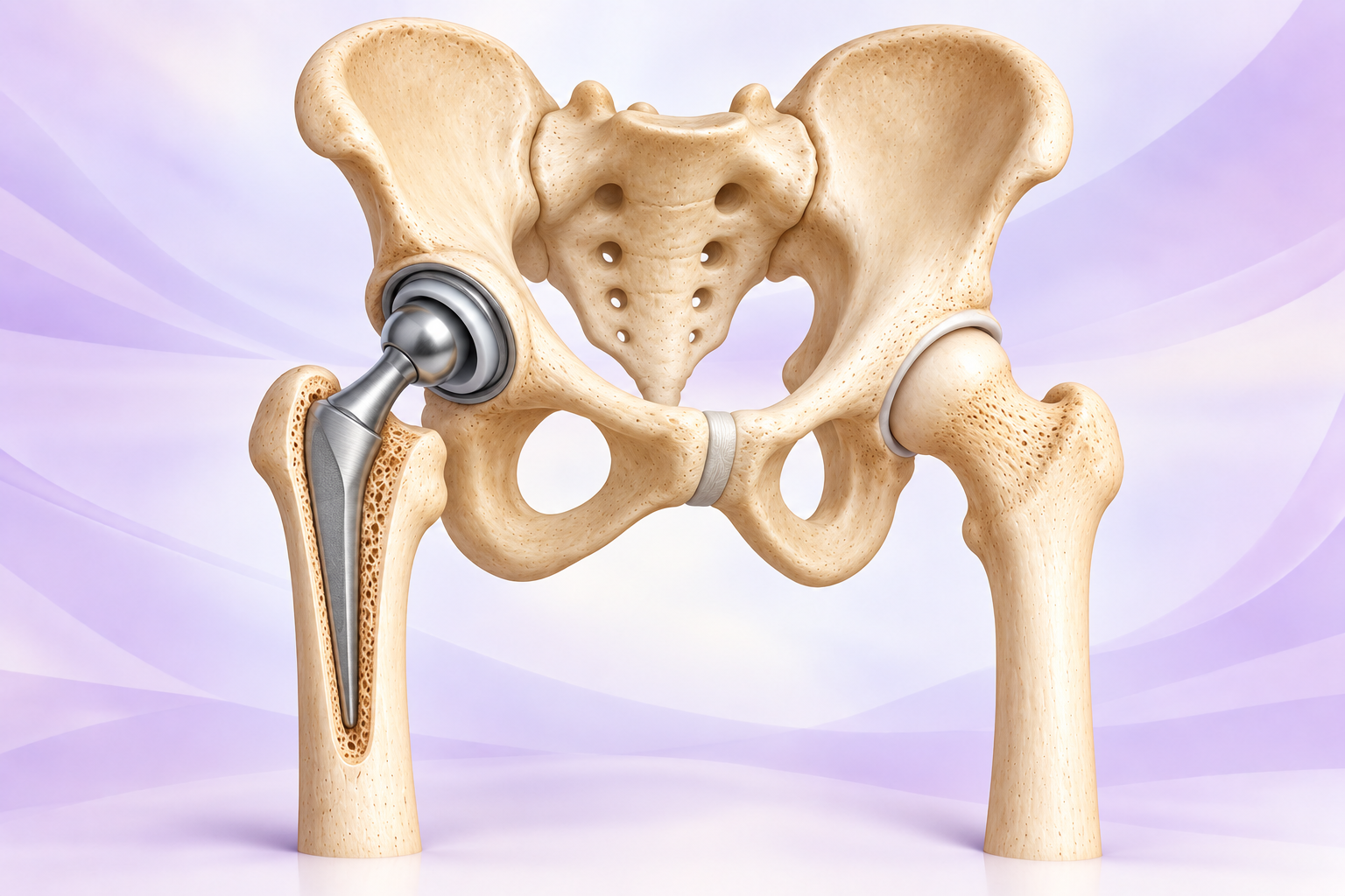 Orthopaedic surgeon discussing total hip replacement eligibility with a patient using a hip joint model