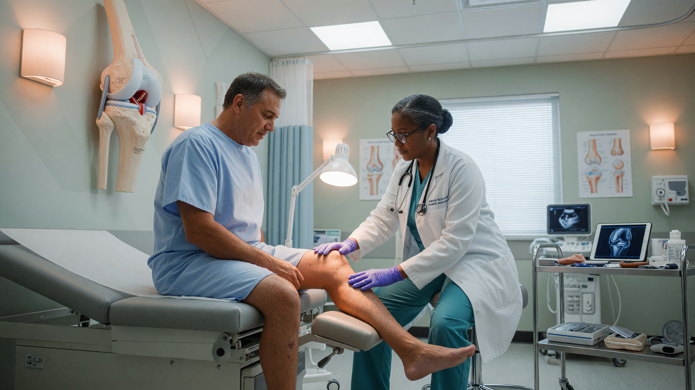 Doctor examining a patient's knee to identify early signs of arthritis and joint damage