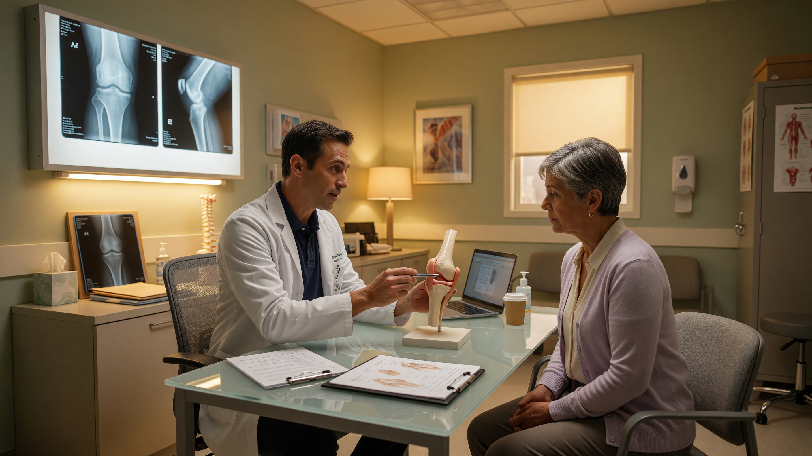Doctor discussing knee arthritis treatment options with a patient at Lux Hospitals