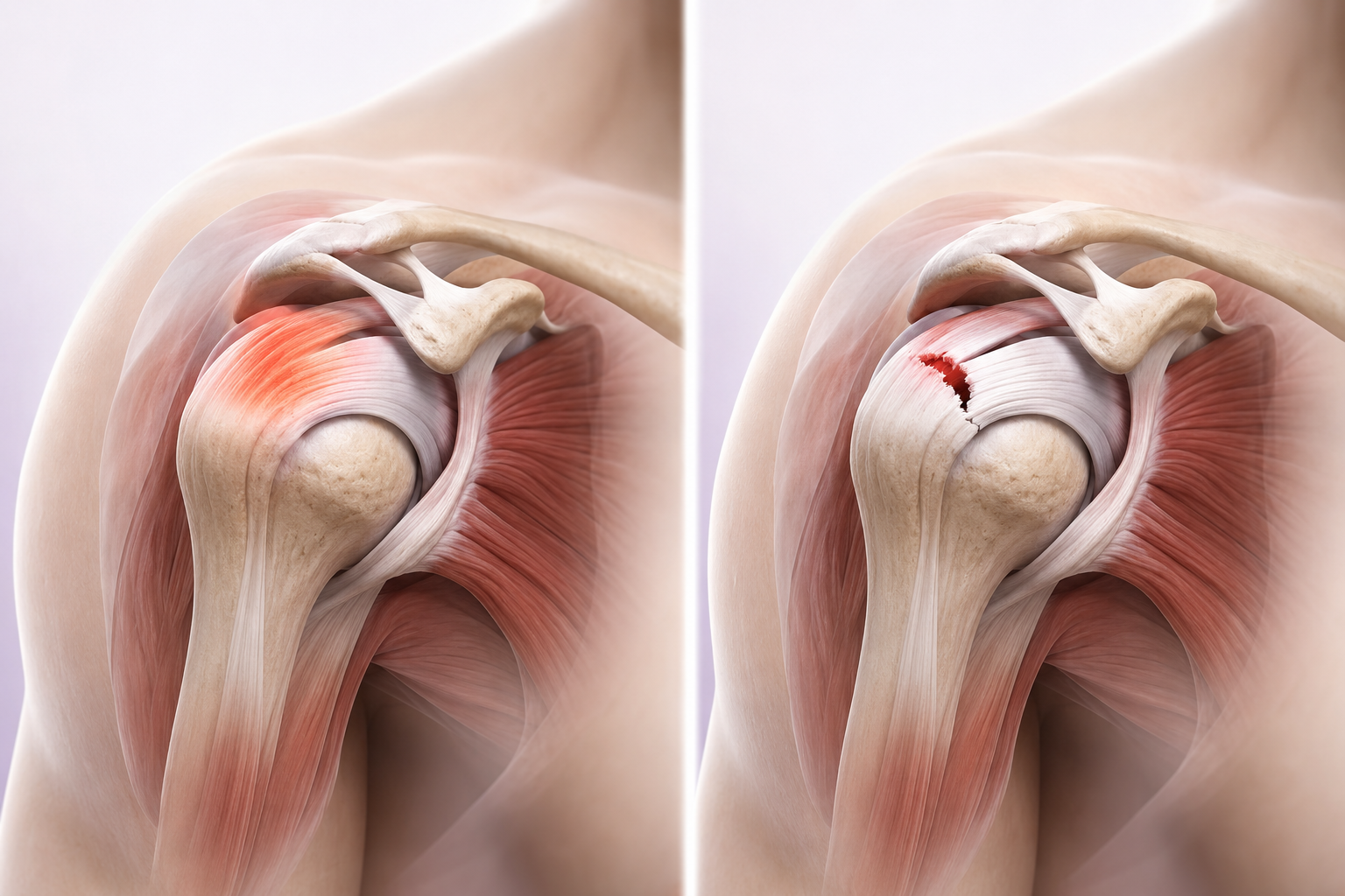 Medical illustration comparing shoulder tendonitis vs rotator cuff tear anatomy