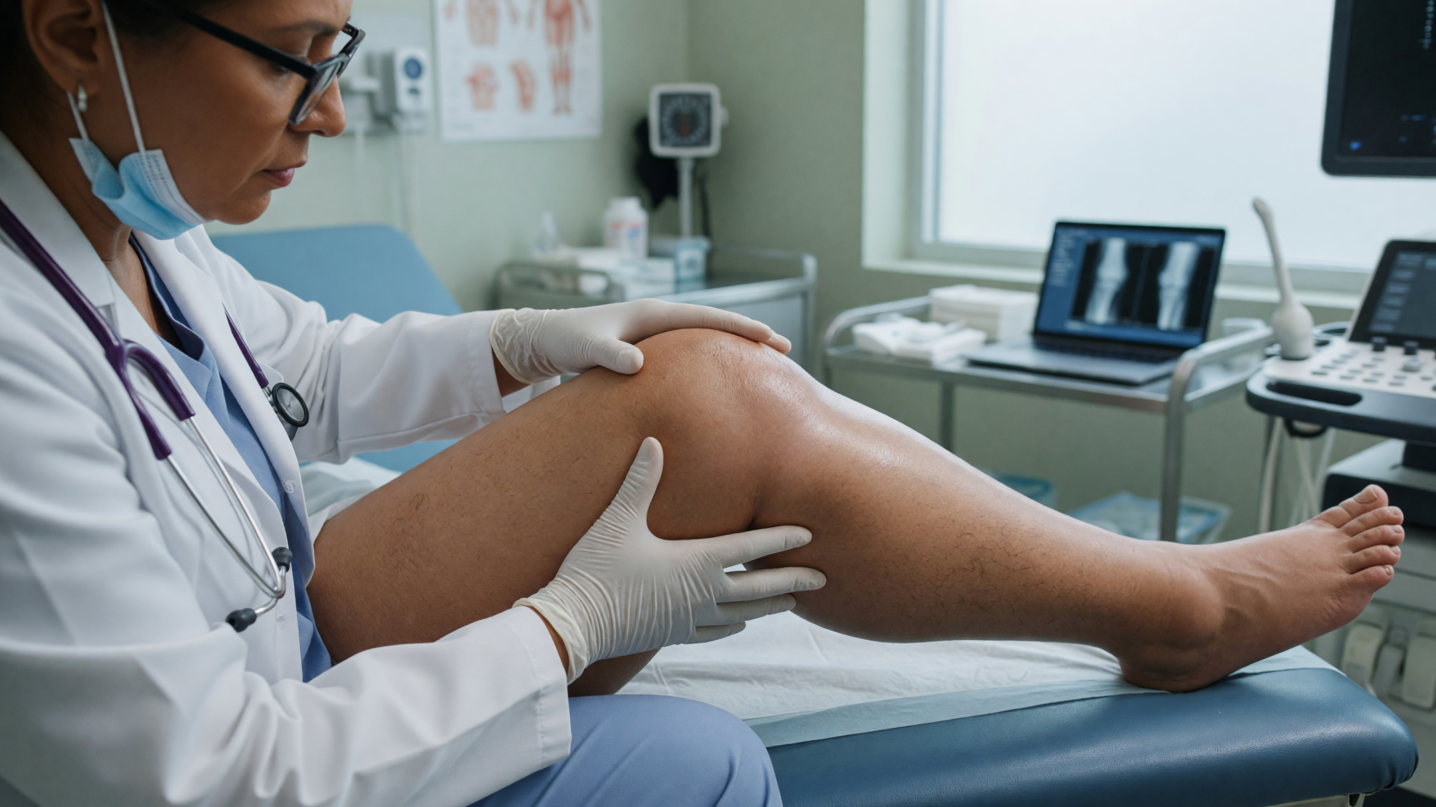 Doctor examining a patient's swollen knee to identify chronic knee swelling causes