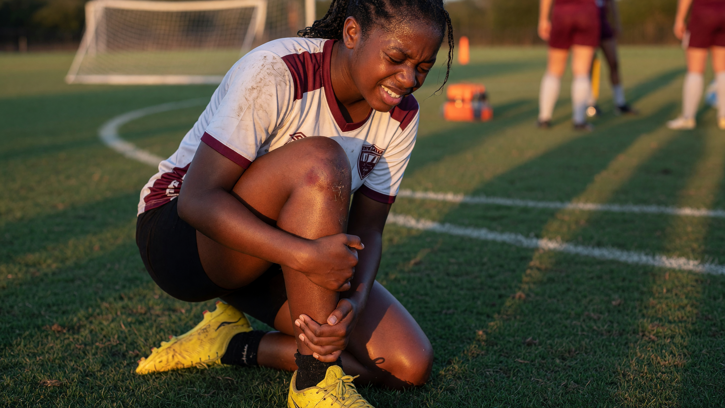 Athlete holding knee in pain, showing knee instability after sports from a possible ACL injury