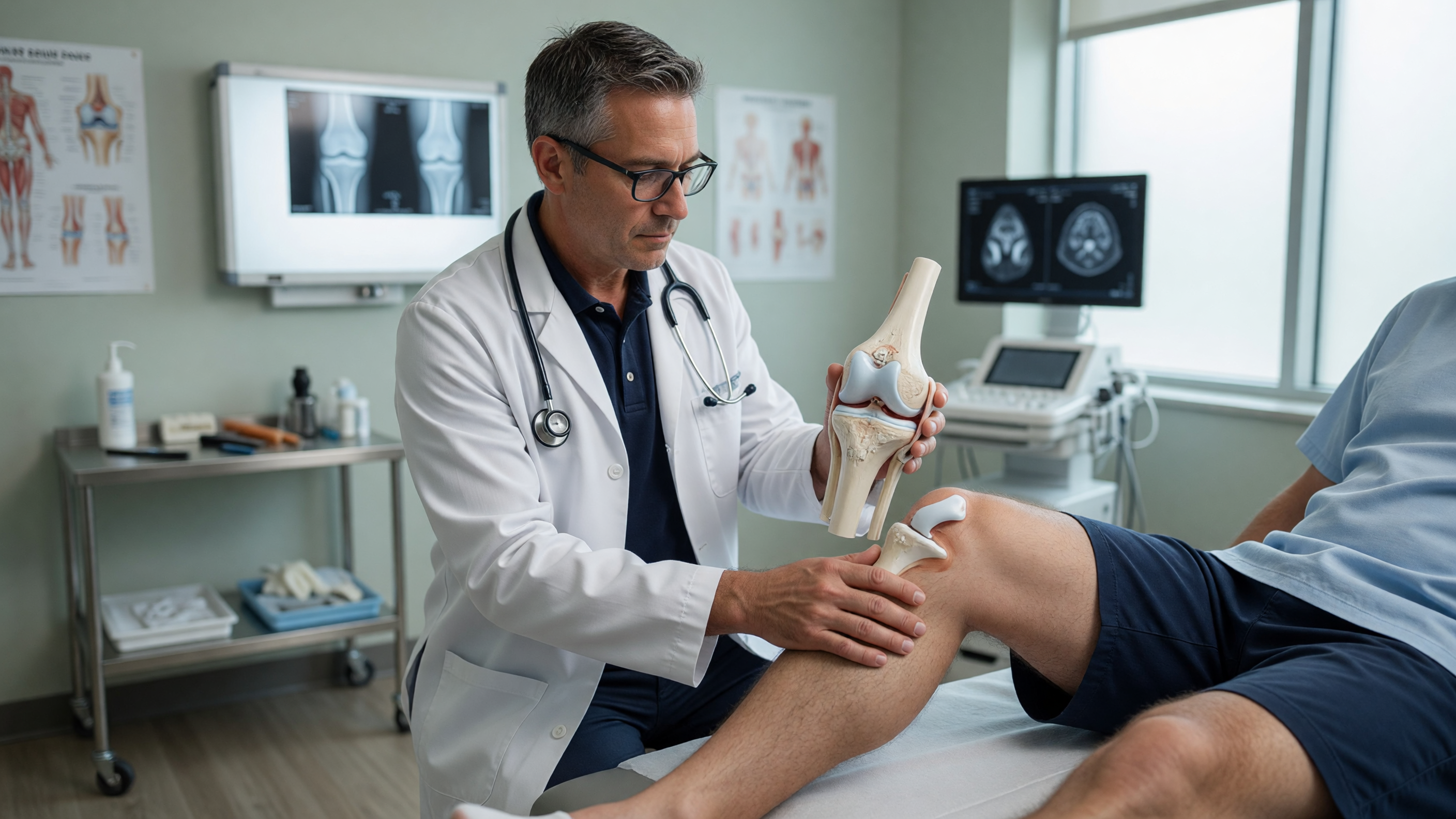 Doctor examining knee joint while discussing joint supplements for arthritis and cartilage health