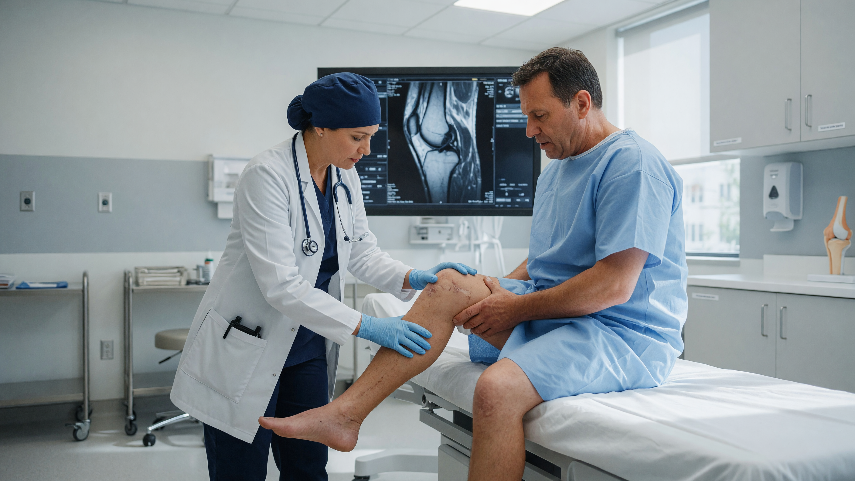 Patient holding a locked knee after injury illustrating knee locking causes such as a meniscus tear