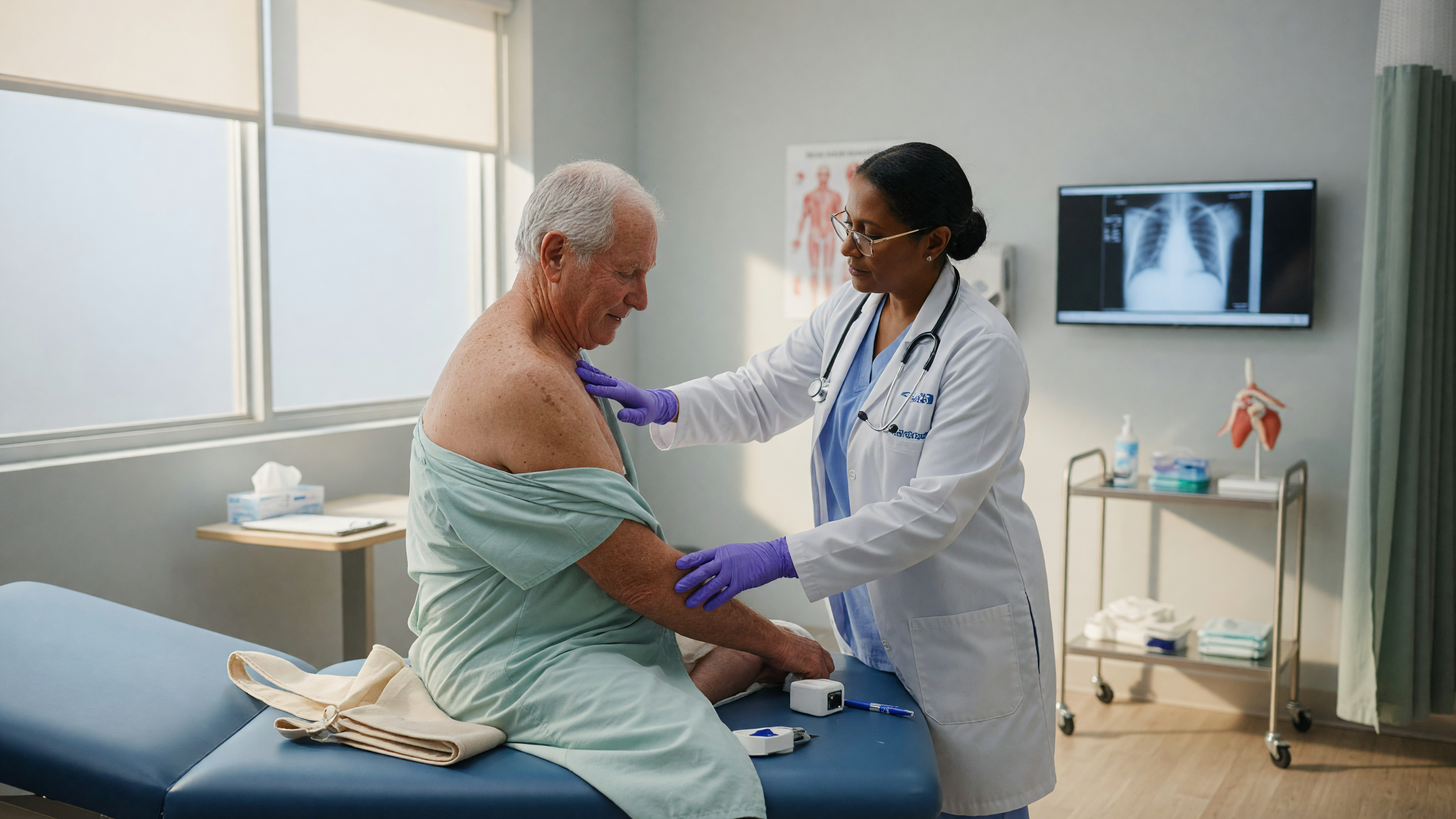 Doctor examining a patient's shoulder to assess shoulder arthritis symptoms and joint wear