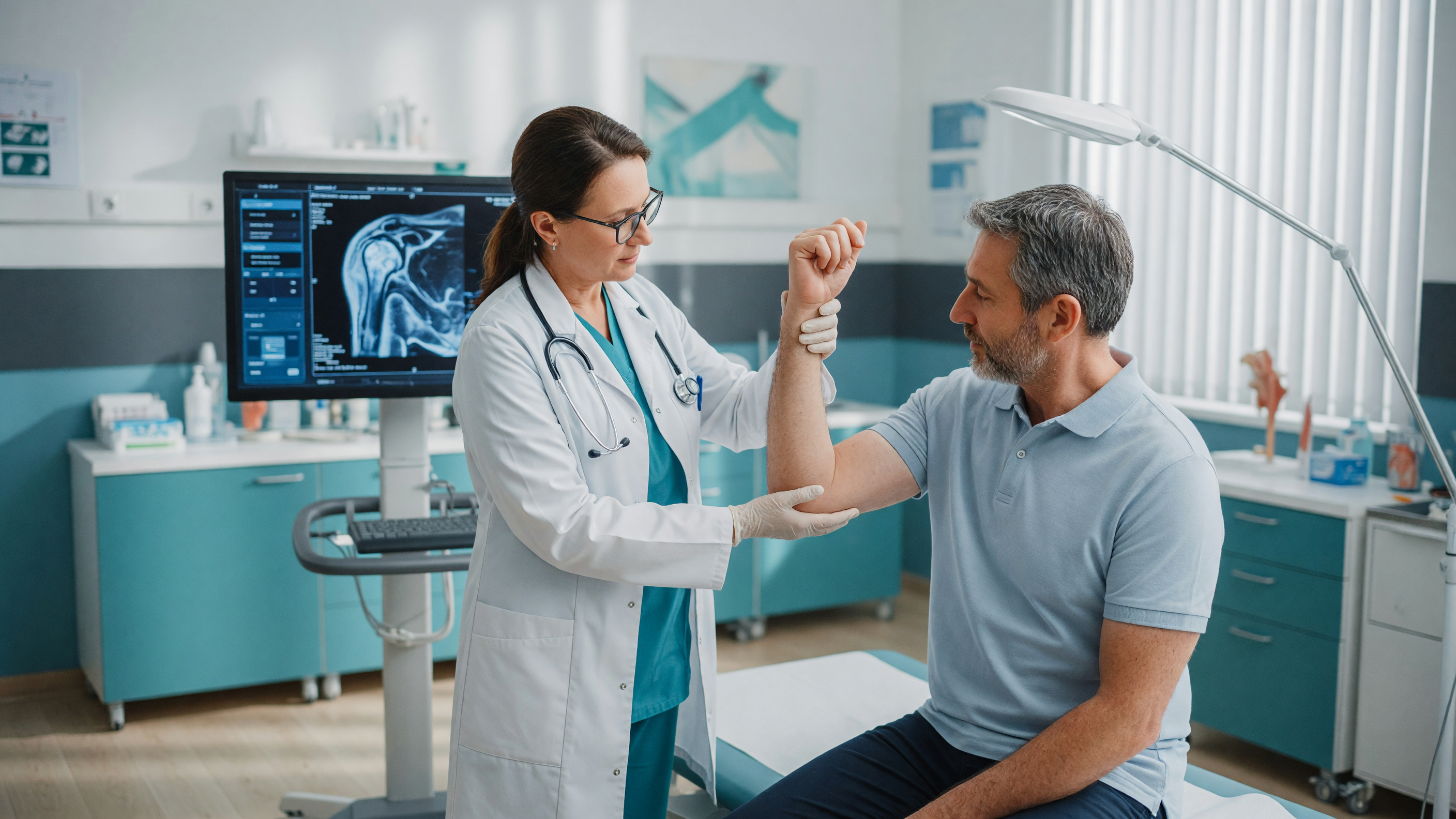 Orthopaedic surgeon examining a patient's shoulder to assess whether shoulder tendon injury surgery is needed