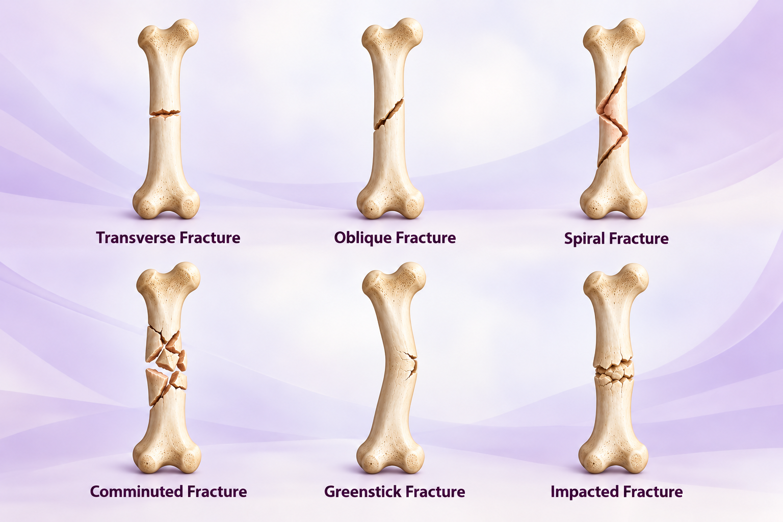Illustration showing the different types of bone fractures including closed, open, greenstick, and comminuted breaks