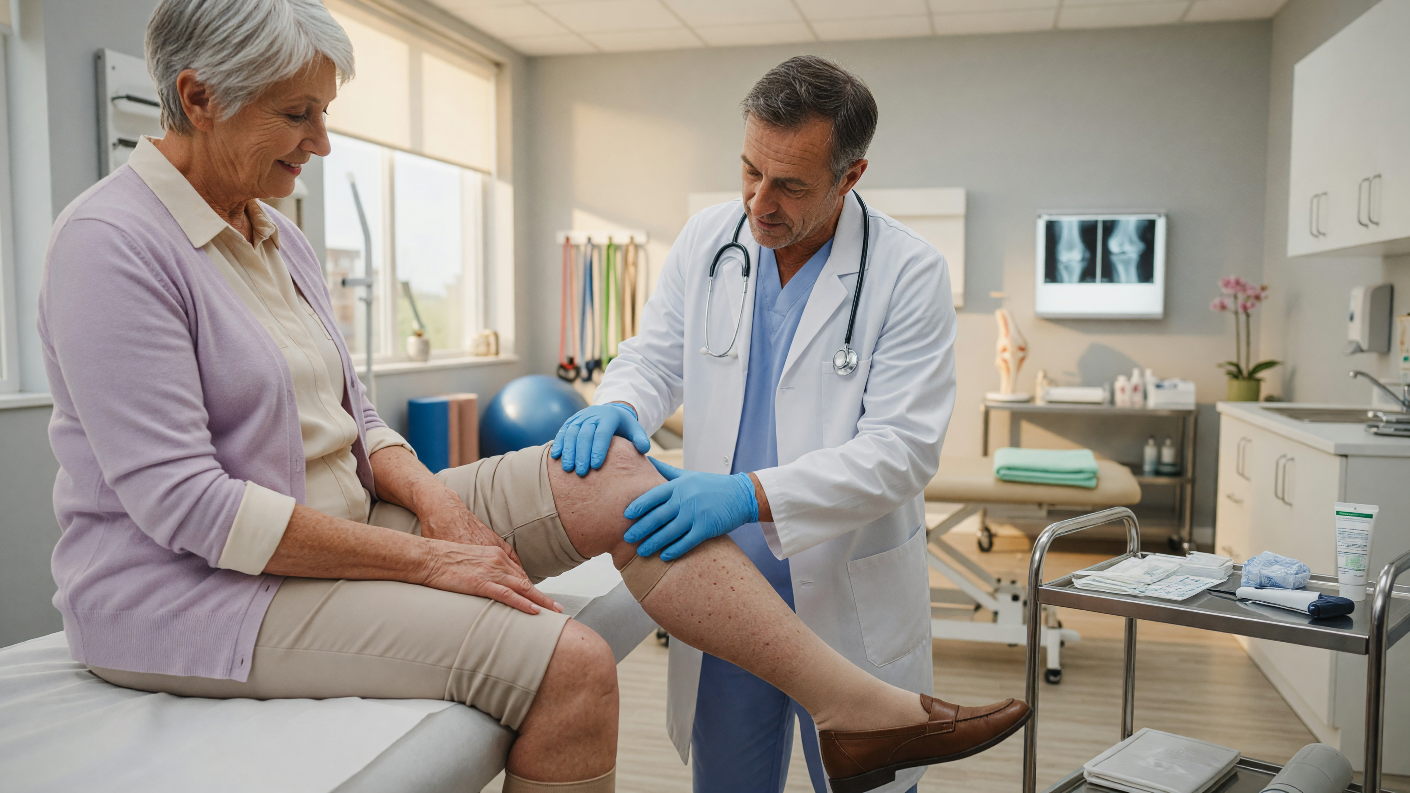 Doctor examining a patient's knee during knee arthritis treatment without surgery consultation