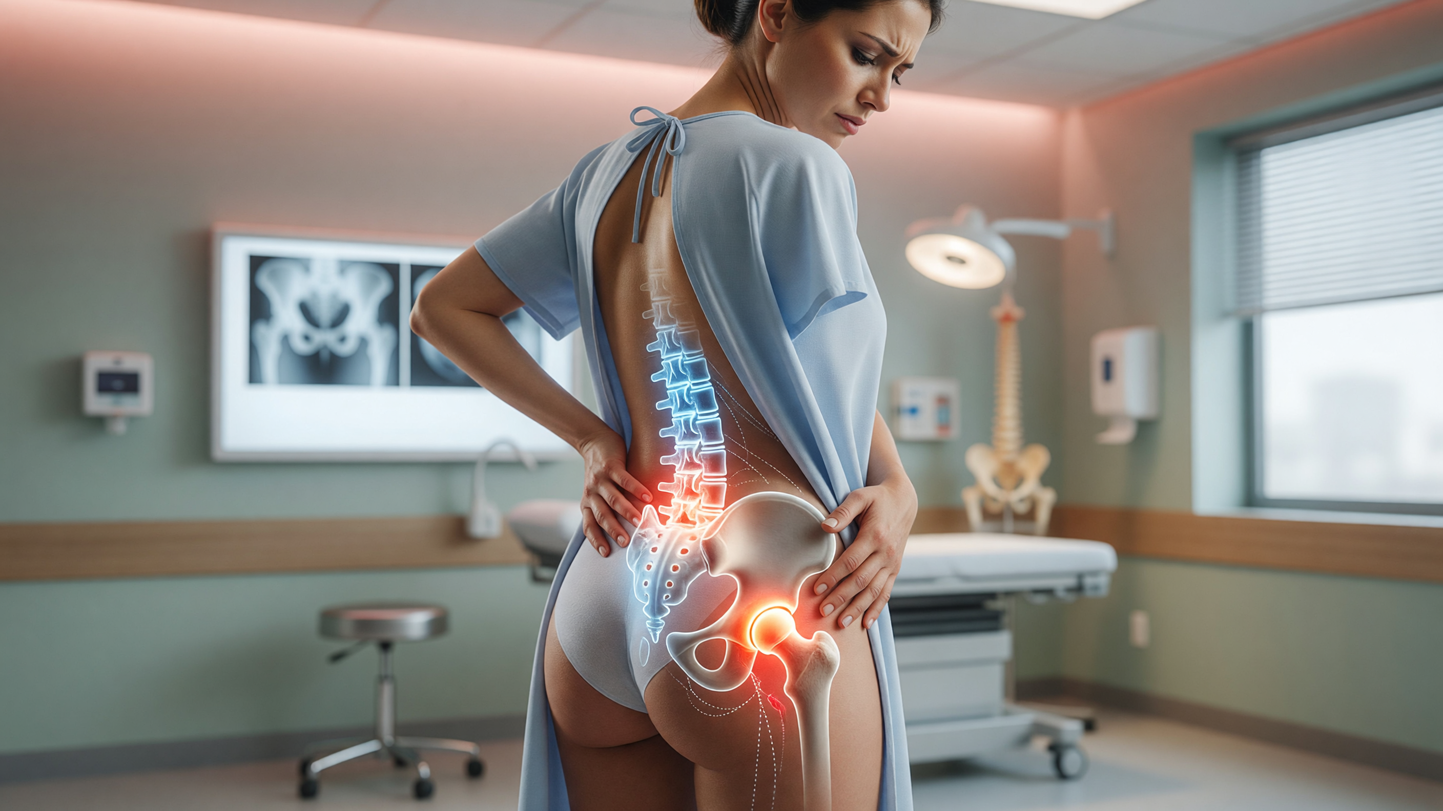 Illustration comparing back pain vs hip pain locations on the human body