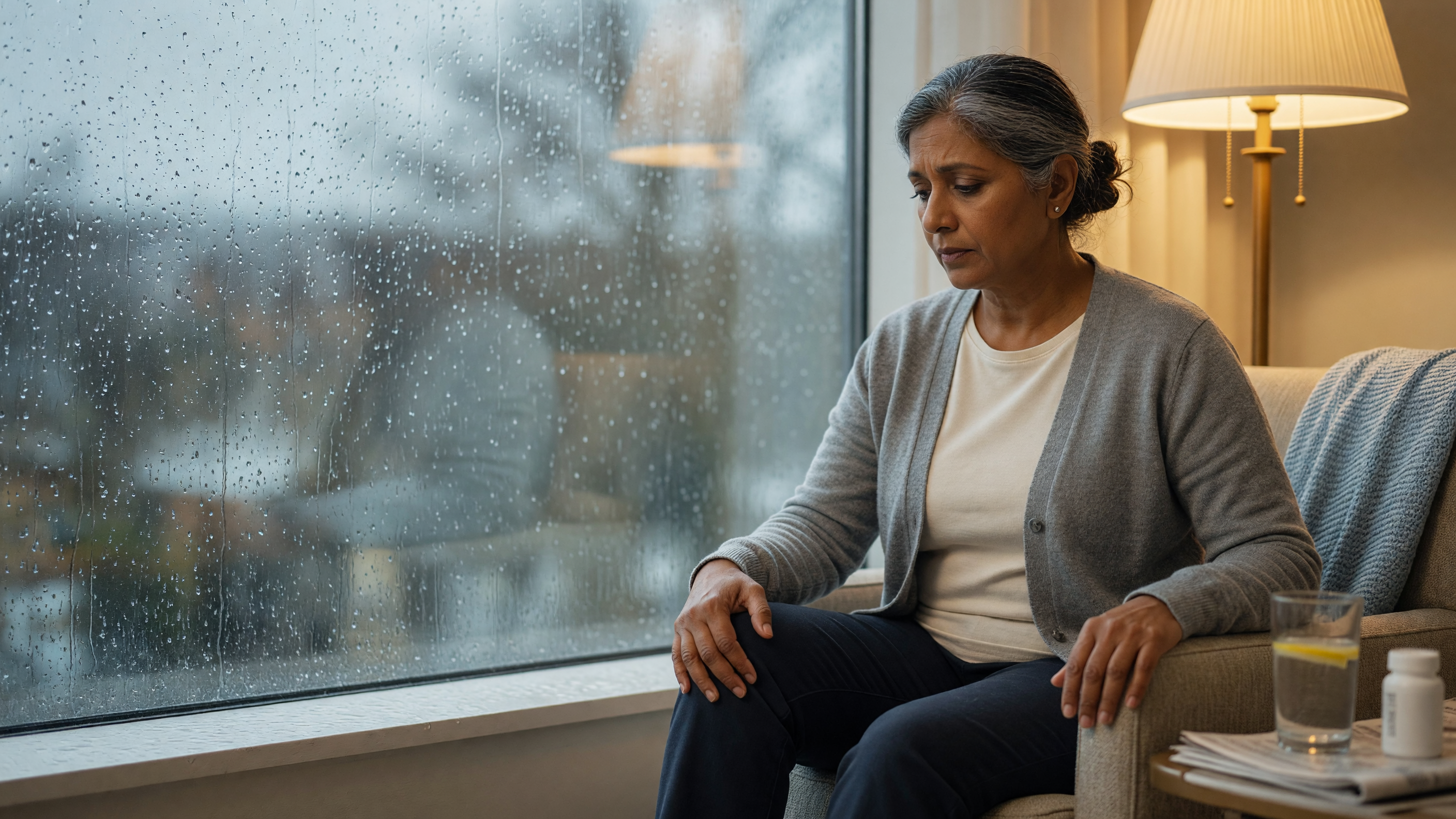 Person holding a stiff knee during cold weather illustrating weather and joint pain