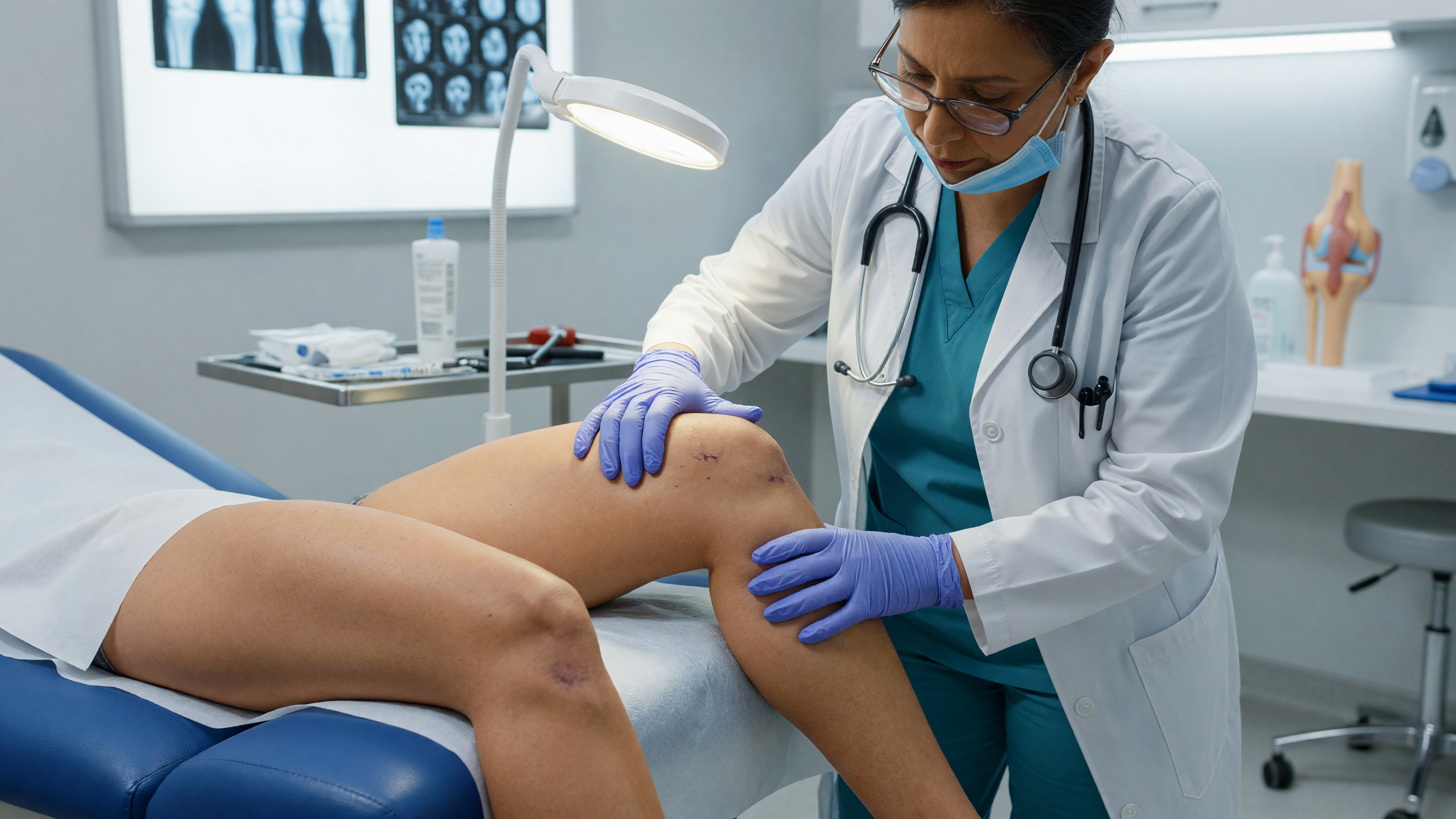 Doctor examining a patient's knee to identify ACL tear symptoms and knee ligament injury