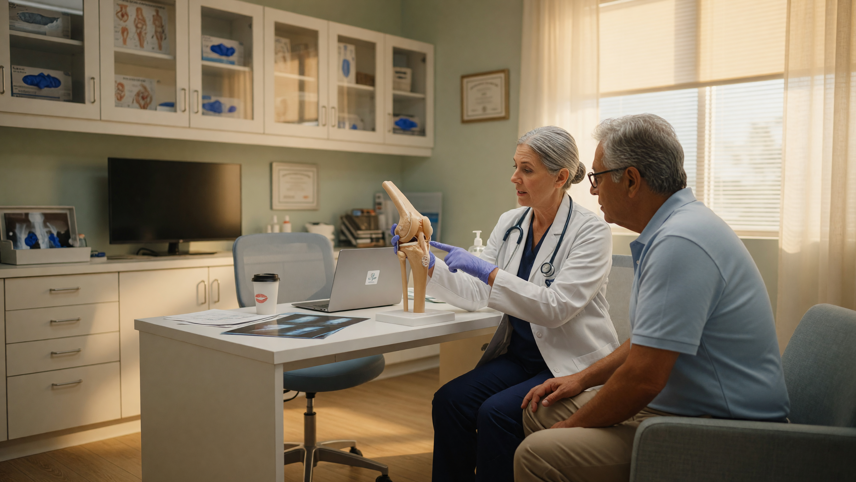 Doctor explaining how weight and knee replacement outcomes are linked to an overweight patient