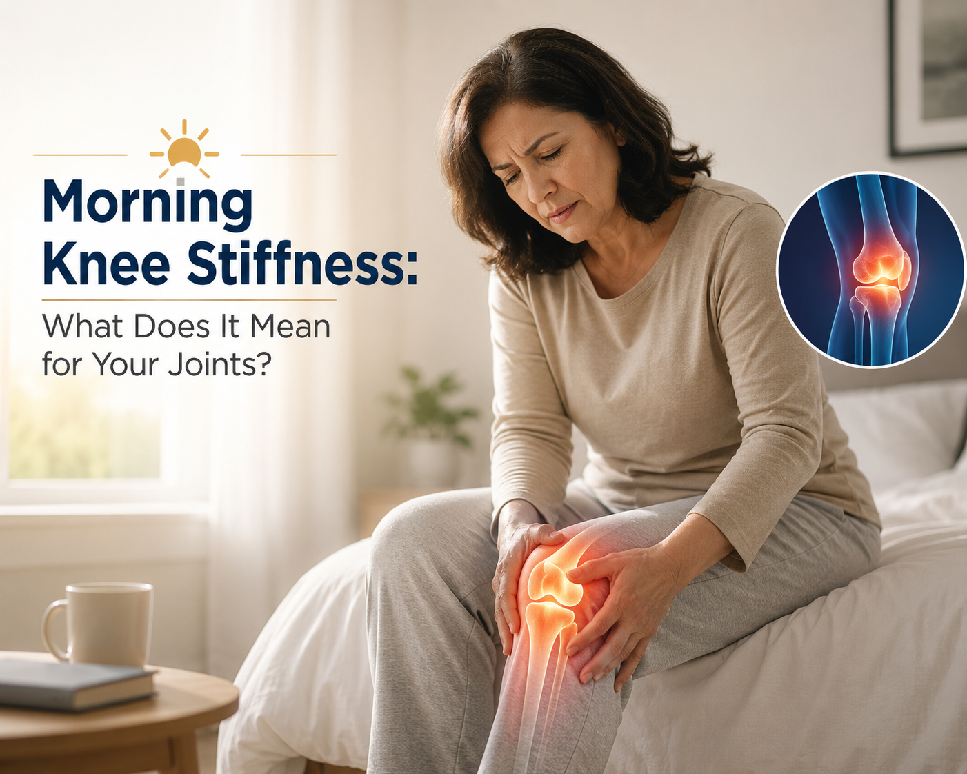 Person experiencing morning knee stiffness holding a sore knee joint after waking