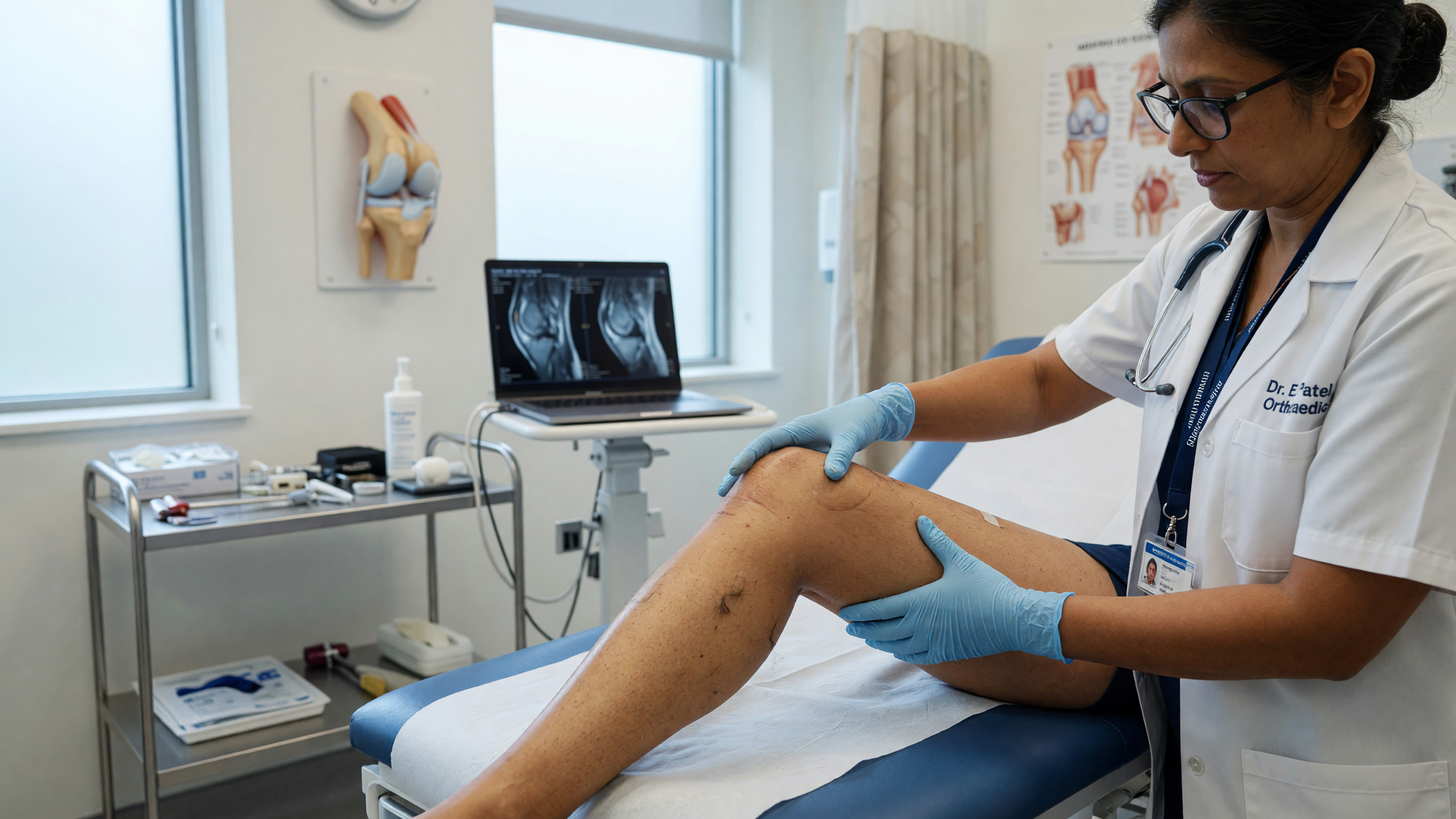 Doctor examining a patient's knee showing meniscus tear symptoms and cartilage injury