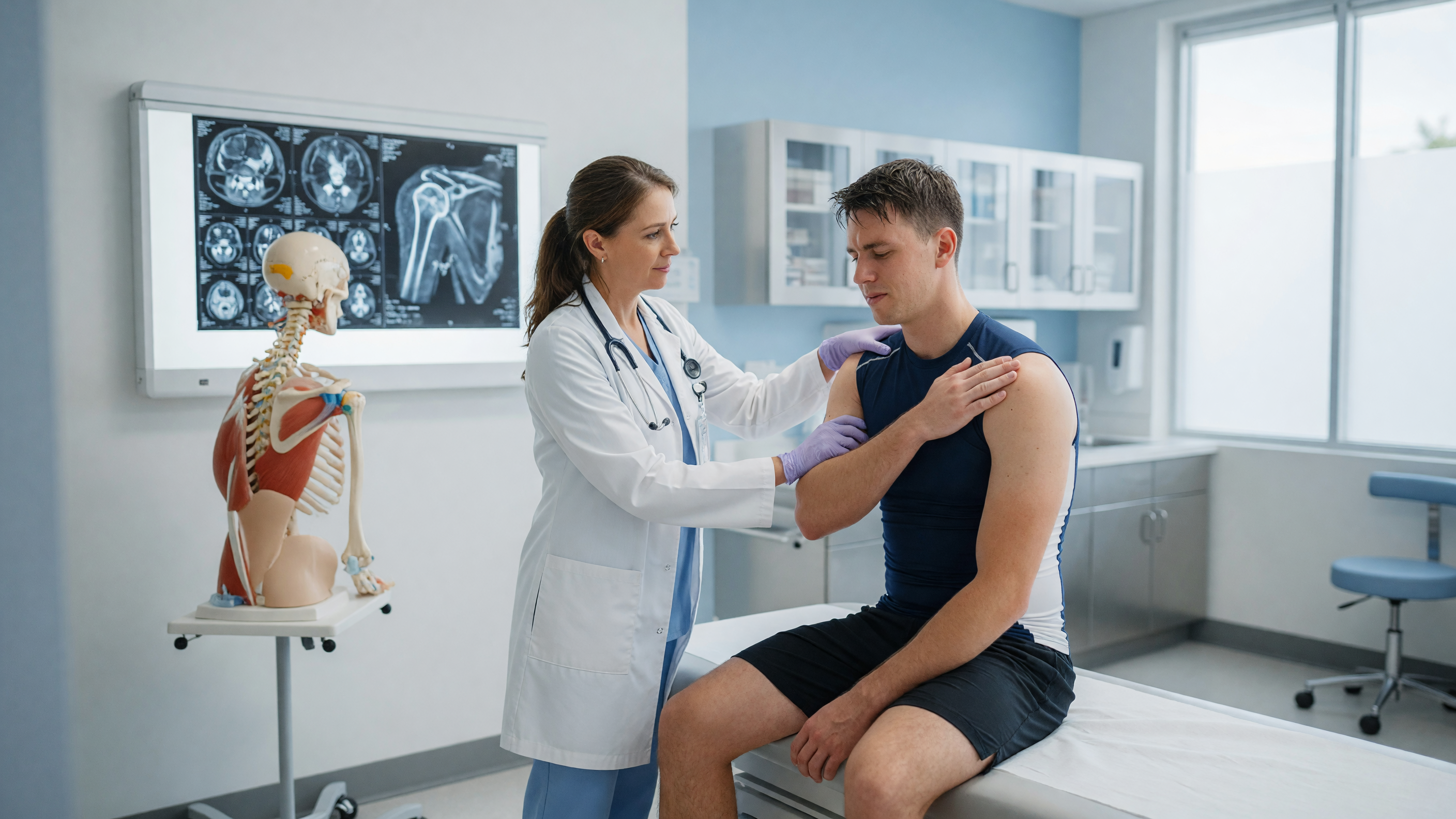 Athlete holding painful shoulder after a shoulder injury during sports, being examined by an orthopaedic specialist