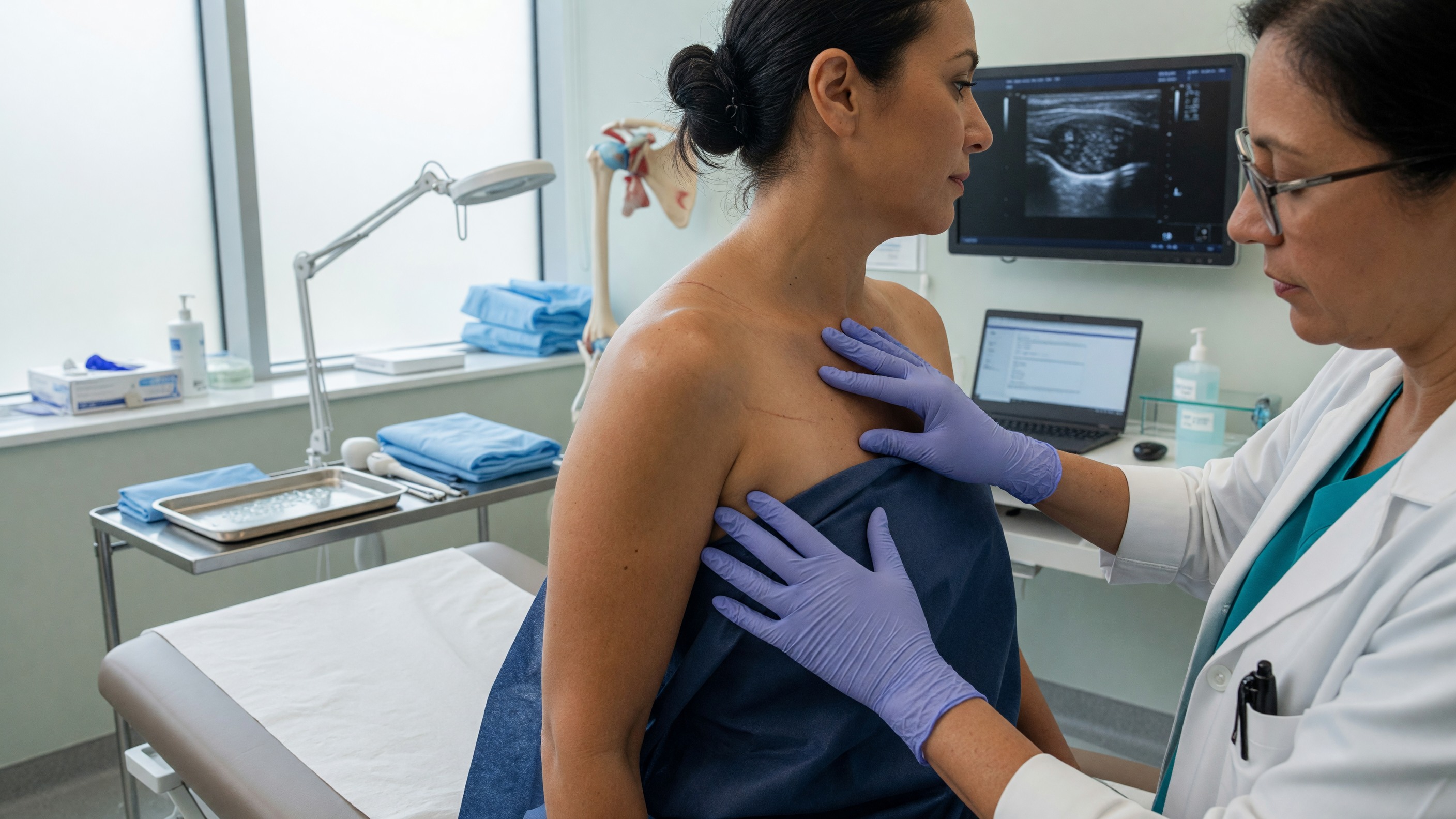 Doctor examining a patient's shoulder to assess shoulder ligament injury symptoms