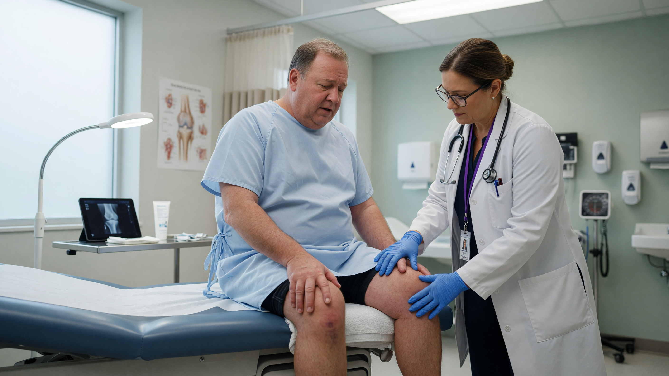 Overweight person holding painful knee illustrating link between obesity and knee pain