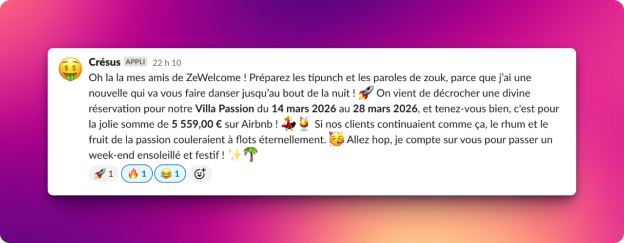 Exemple de message envoyé par Crésus, notre IA qui nous encourage lors de chaque réservation