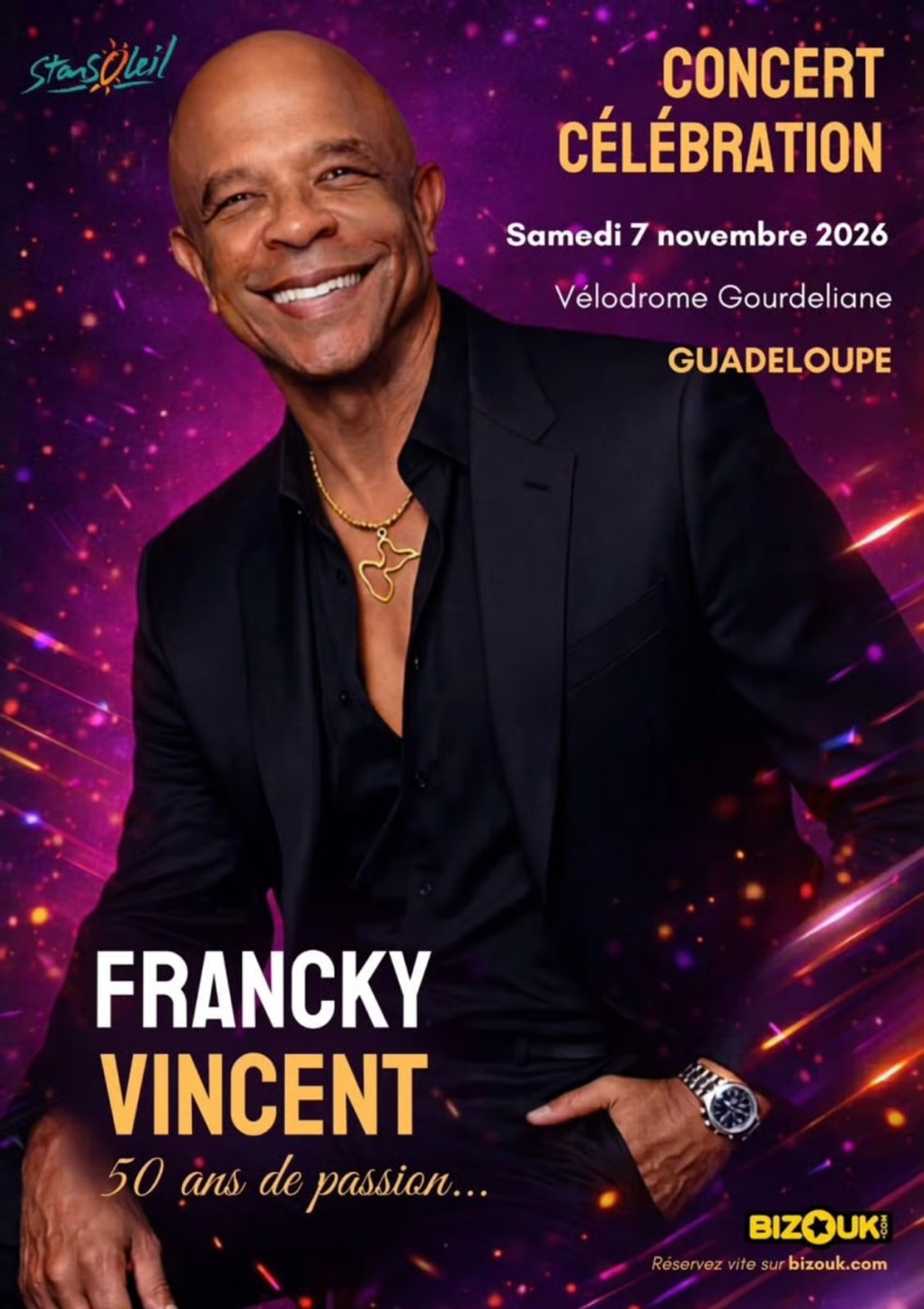 Affiche officielle Francky Vincent 50 ans de passion le 7 novembre 2026 en Guadeloupe